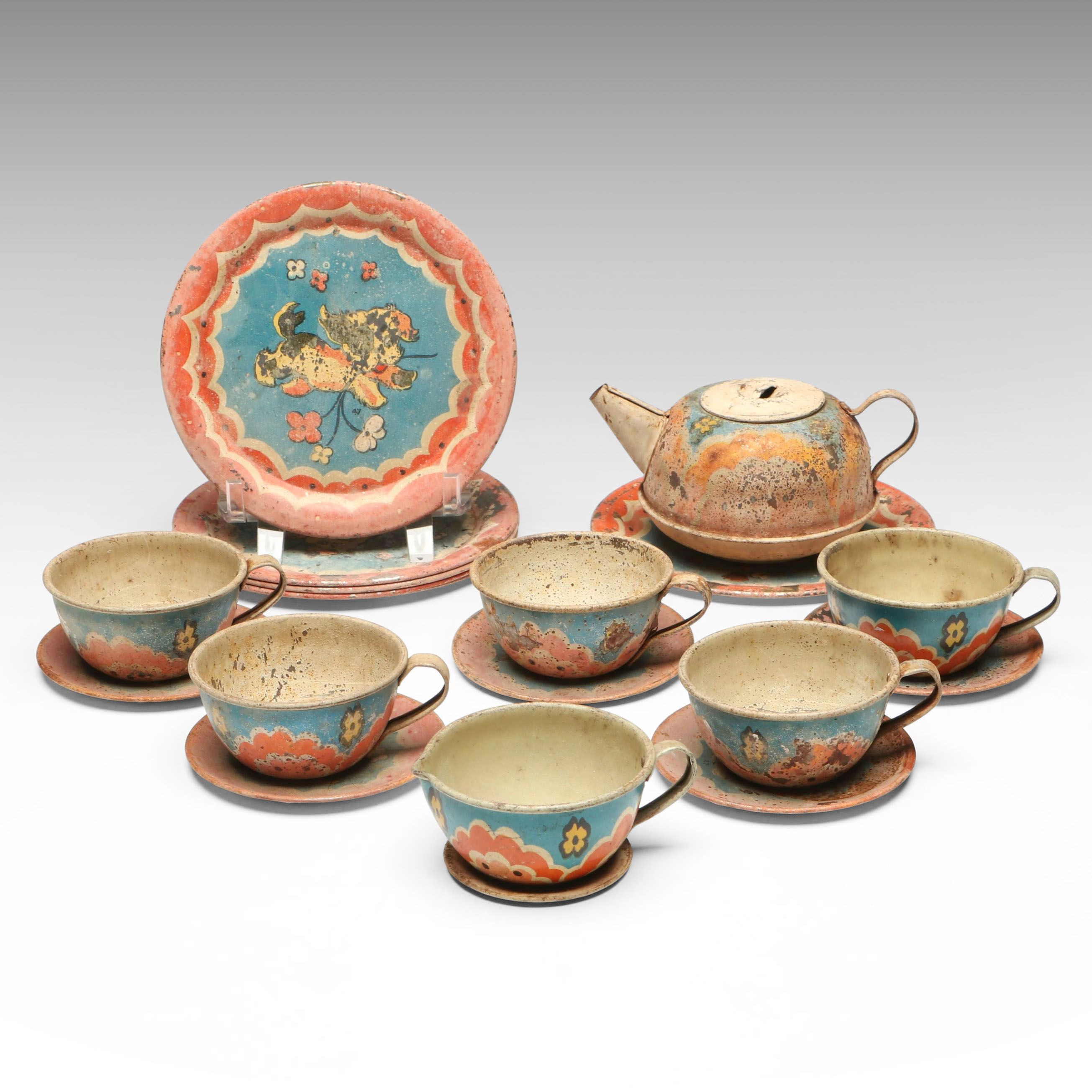 Dog and Floral Themed Tin Litho Children's Tea Set Pieces, Mid-20th Century