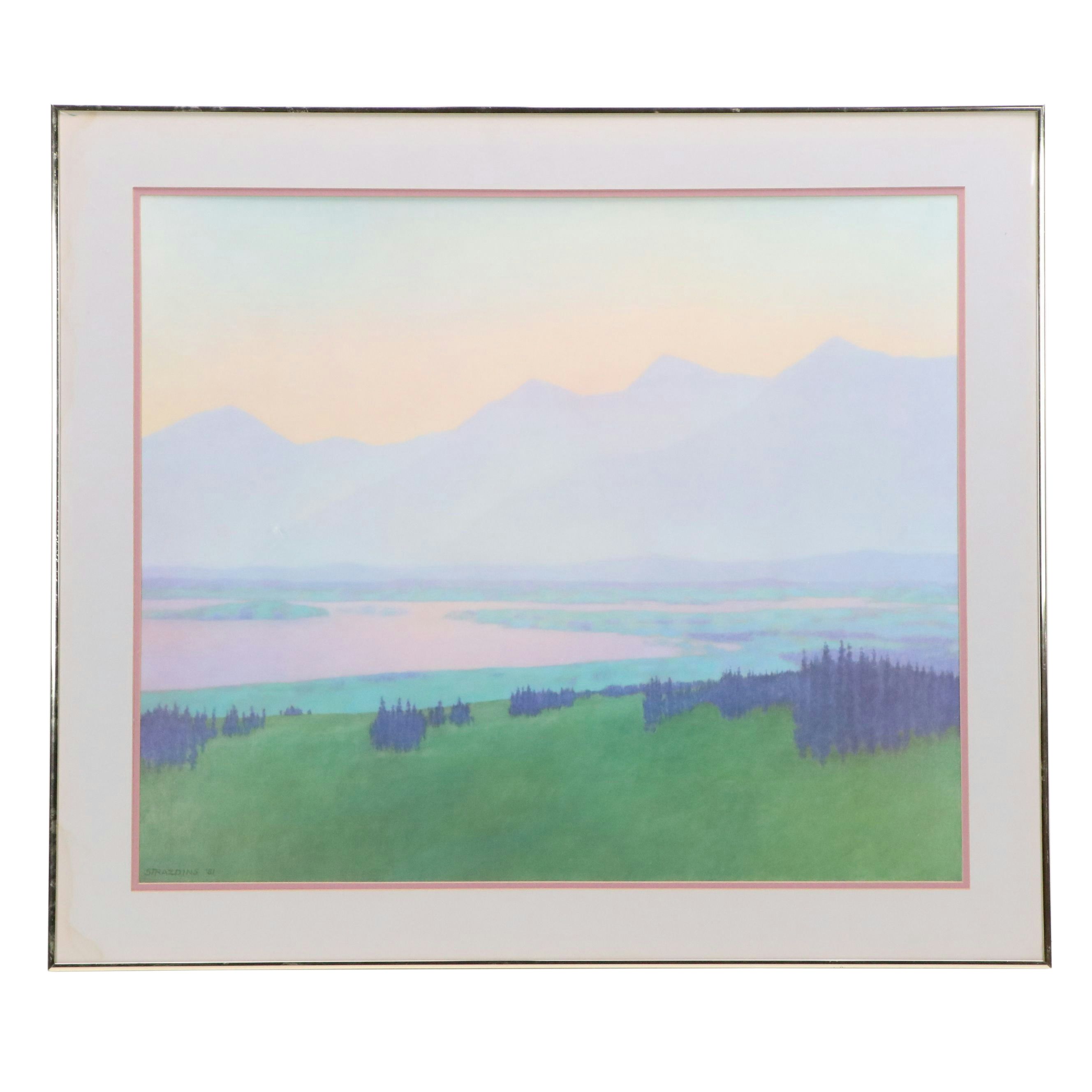 After Vilnis Strazdins Offset Litho of Mountain Landscape with Lupines, 1981