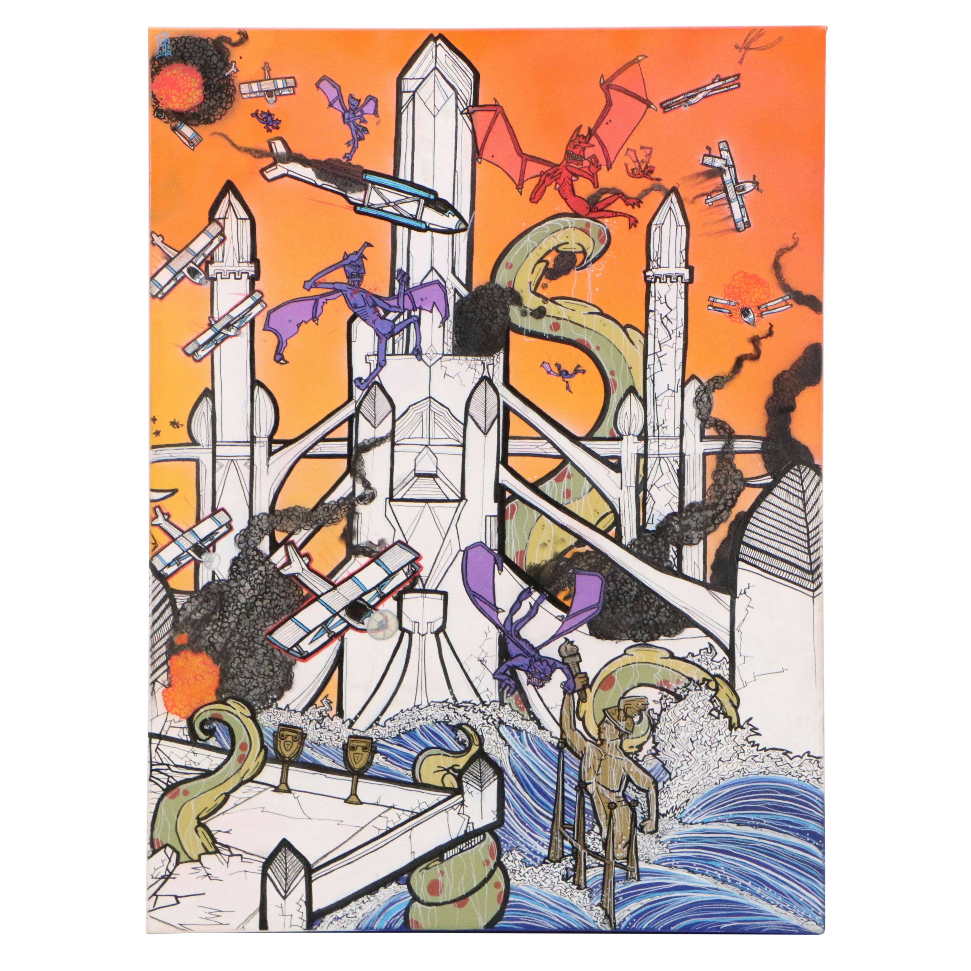 Landscape Acrylic Painting of Fantasy Scene with Dragons, 21st Century