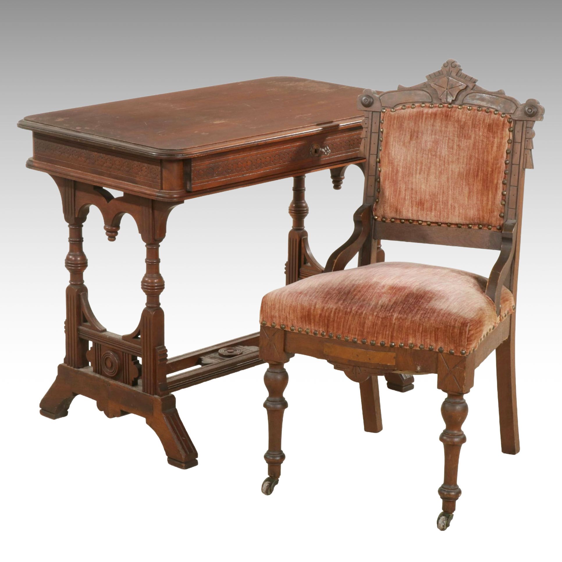 Victorian Mahogany Library Table and Side Chair, Late 19th to Early 20th Century