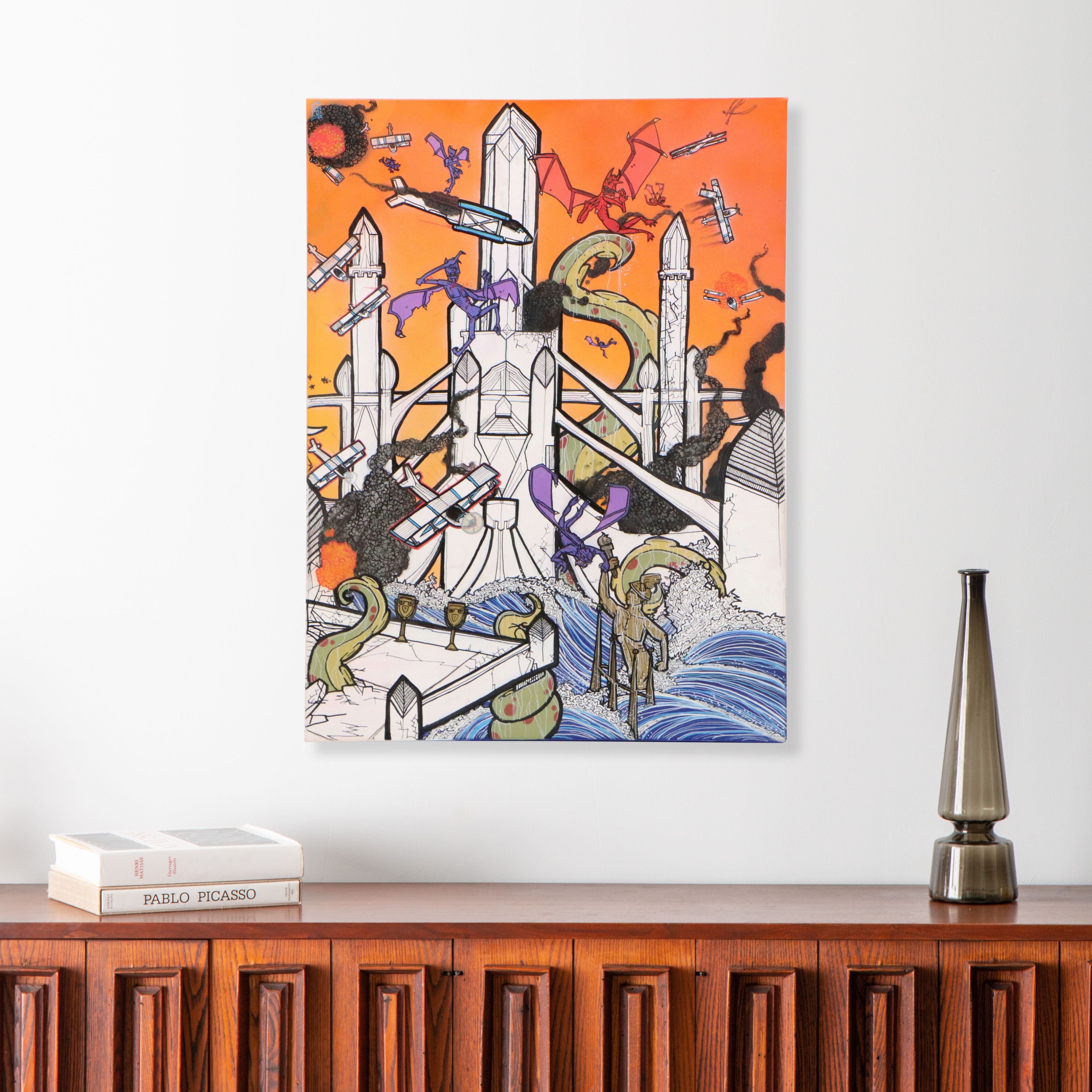 Landscape Acrylic Painting of Fantasy Scene with Dragons, 21st Century