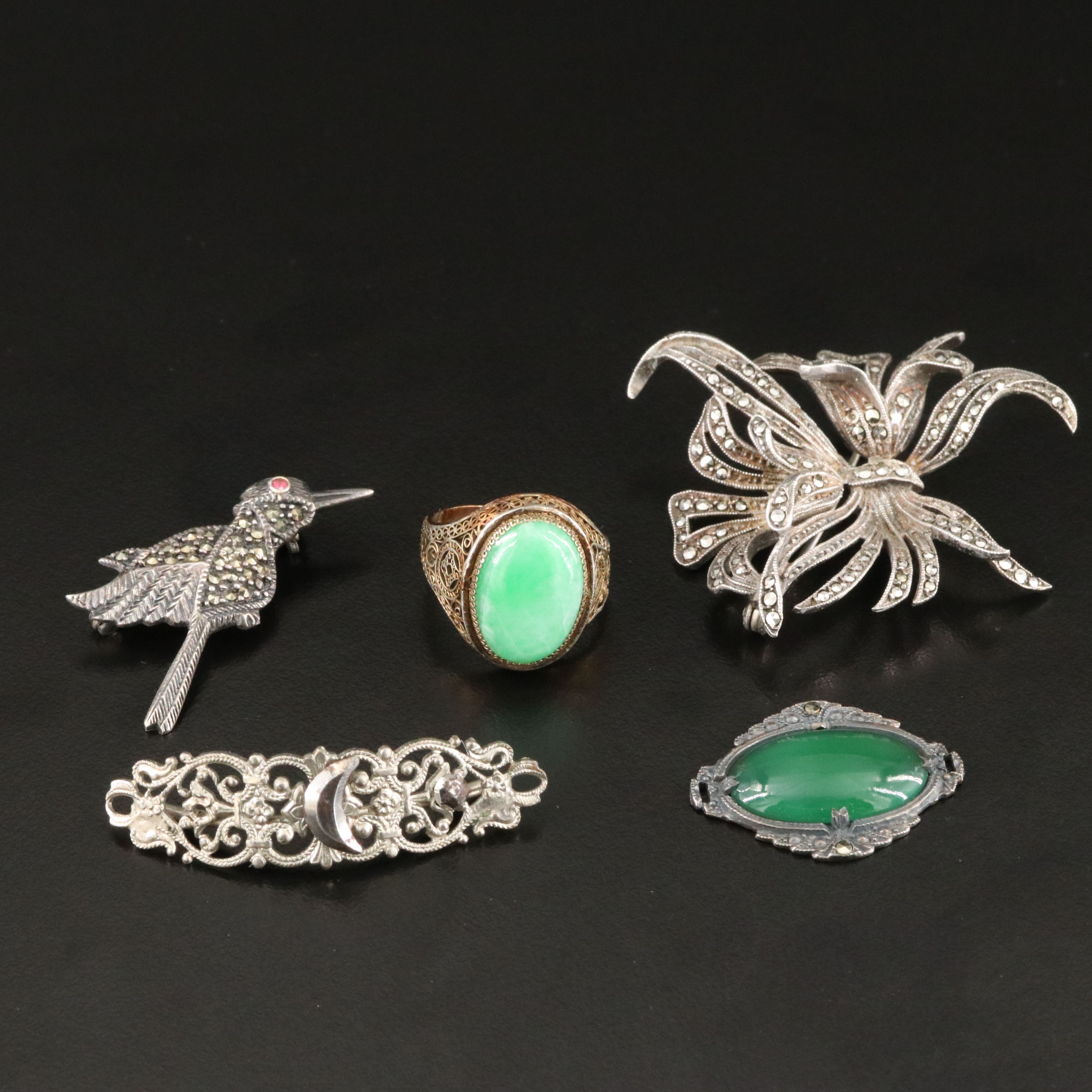 Art Deco, Sterling and Chinese Jadeite Filigree Ring Featured in Jewelry