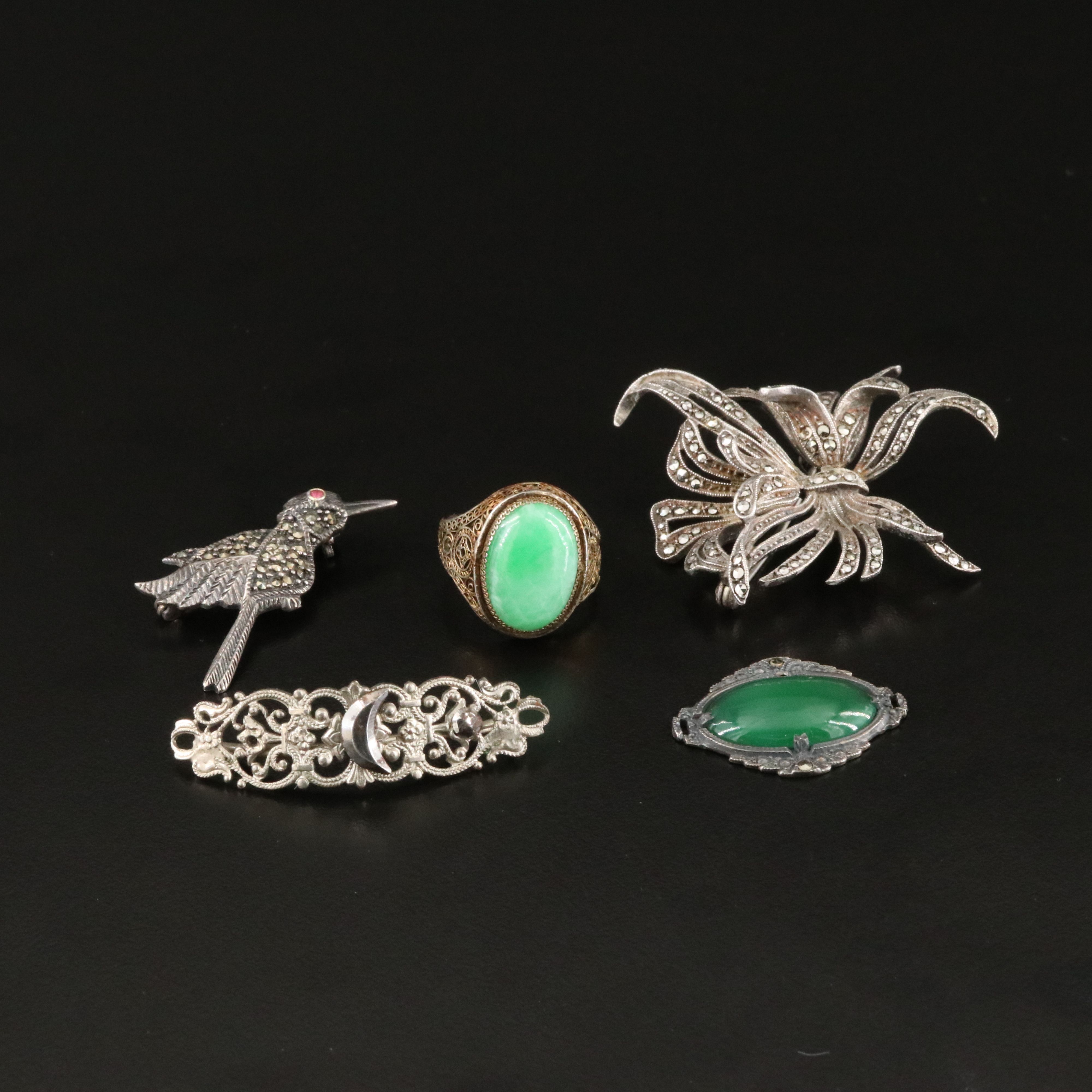 Art Deco, Sterling and Chinese Jadeite Filigree Ring Featured in Jewelry