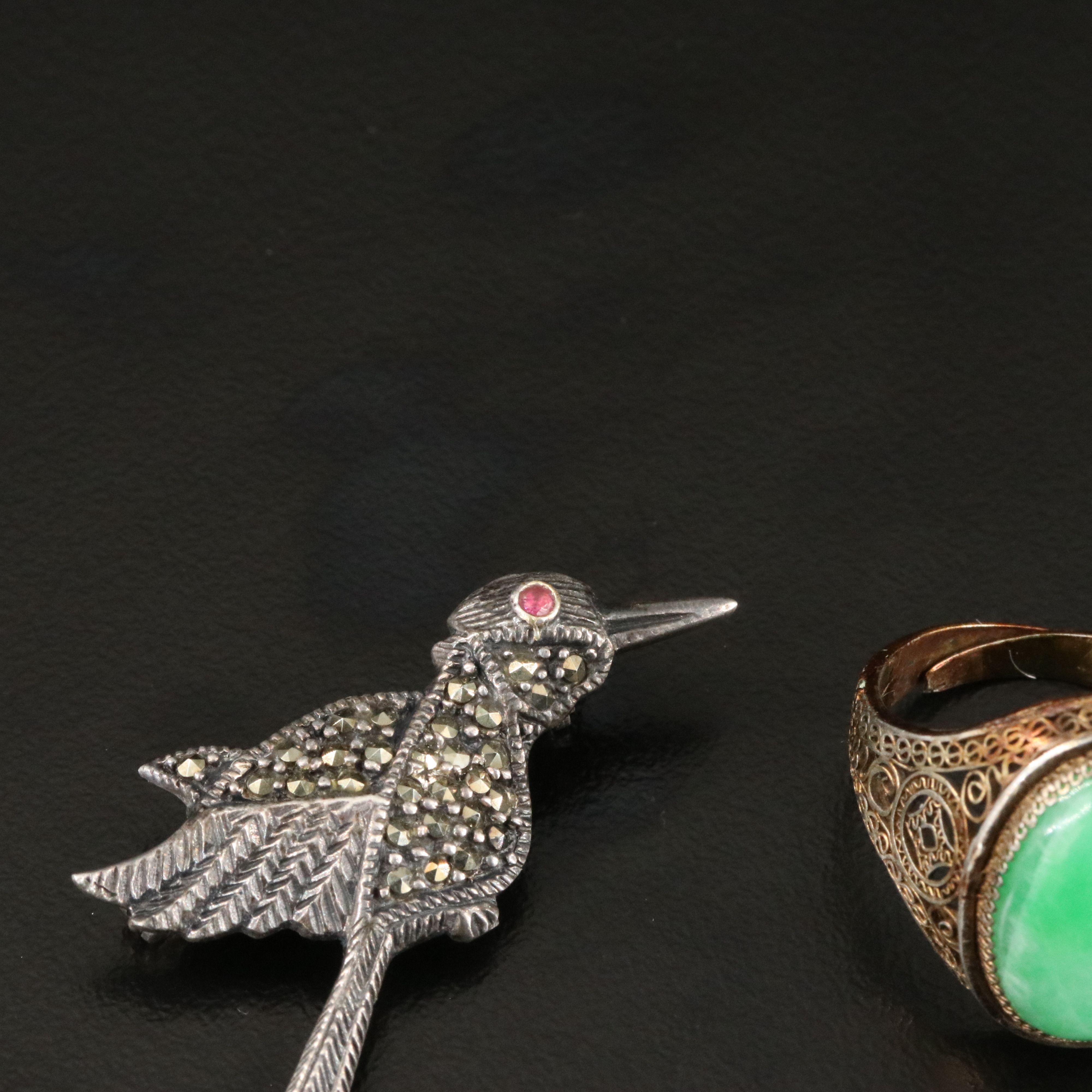 Art Deco, Sterling and Chinese Jadeite Filigree Ring Featured in Jewelry