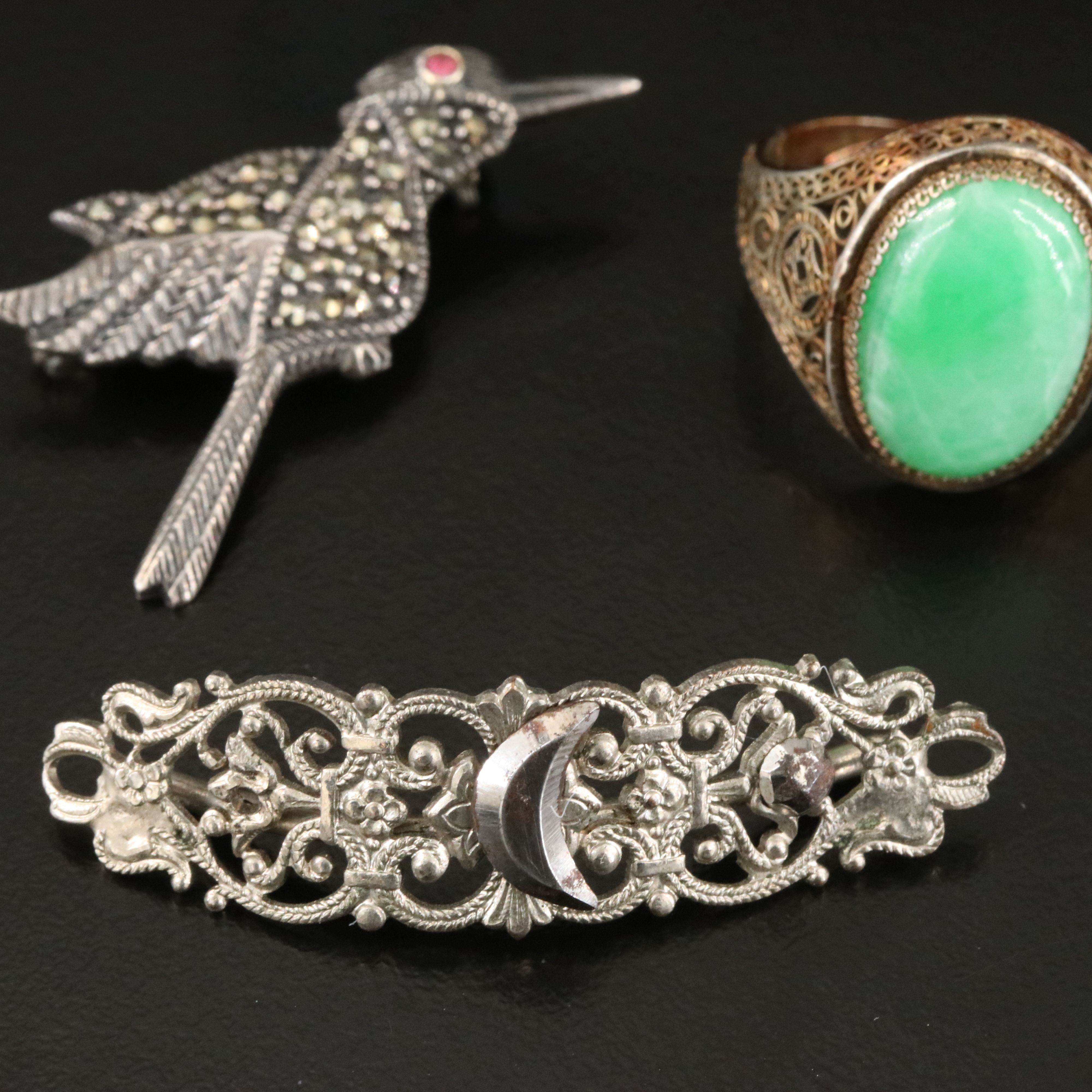 Art Deco, Sterling and Chinese Jadeite Filigree Ring Featured in Jewelry