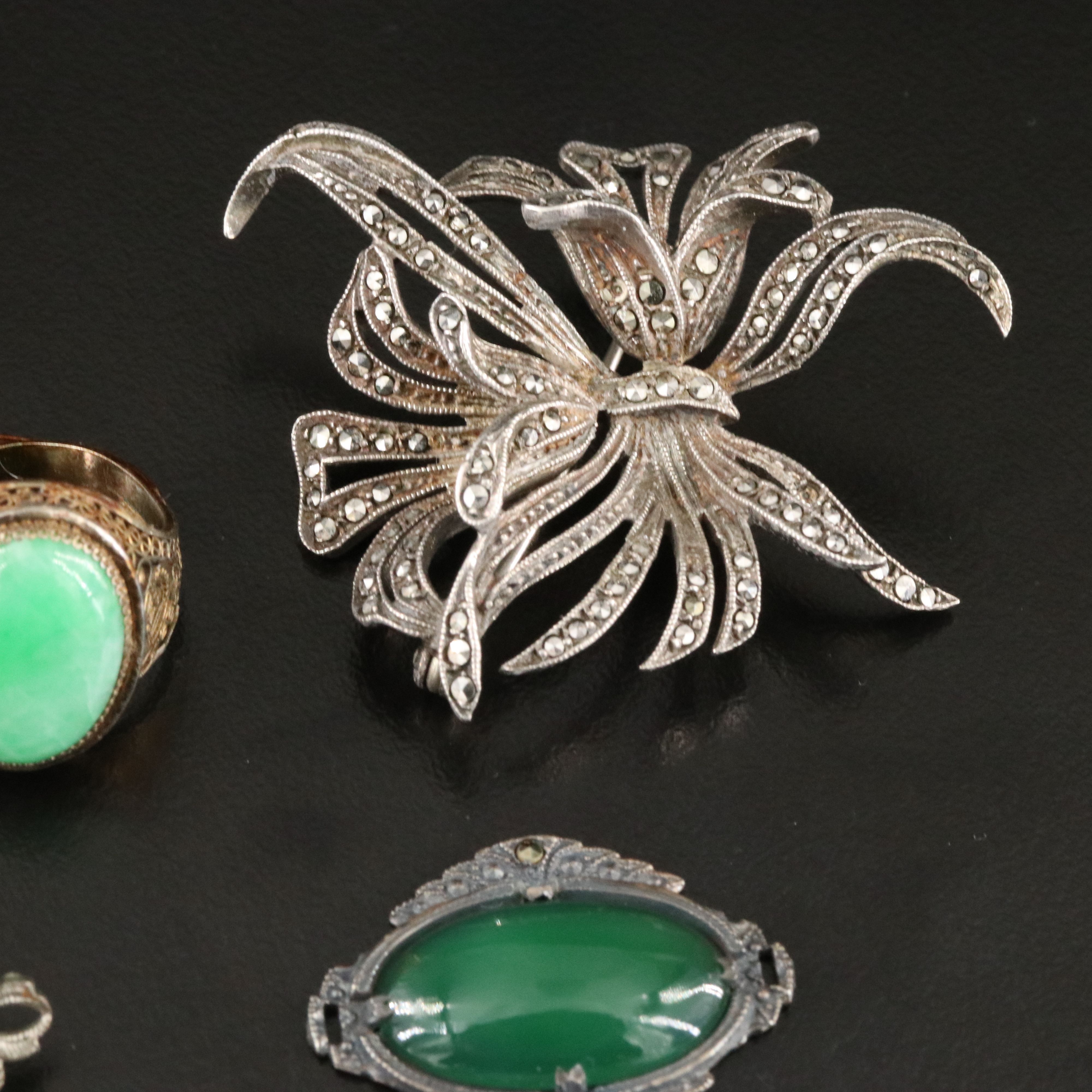 Art Deco, Sterling and Chinese Jadeite Filigree Ring Featured in Jewelry