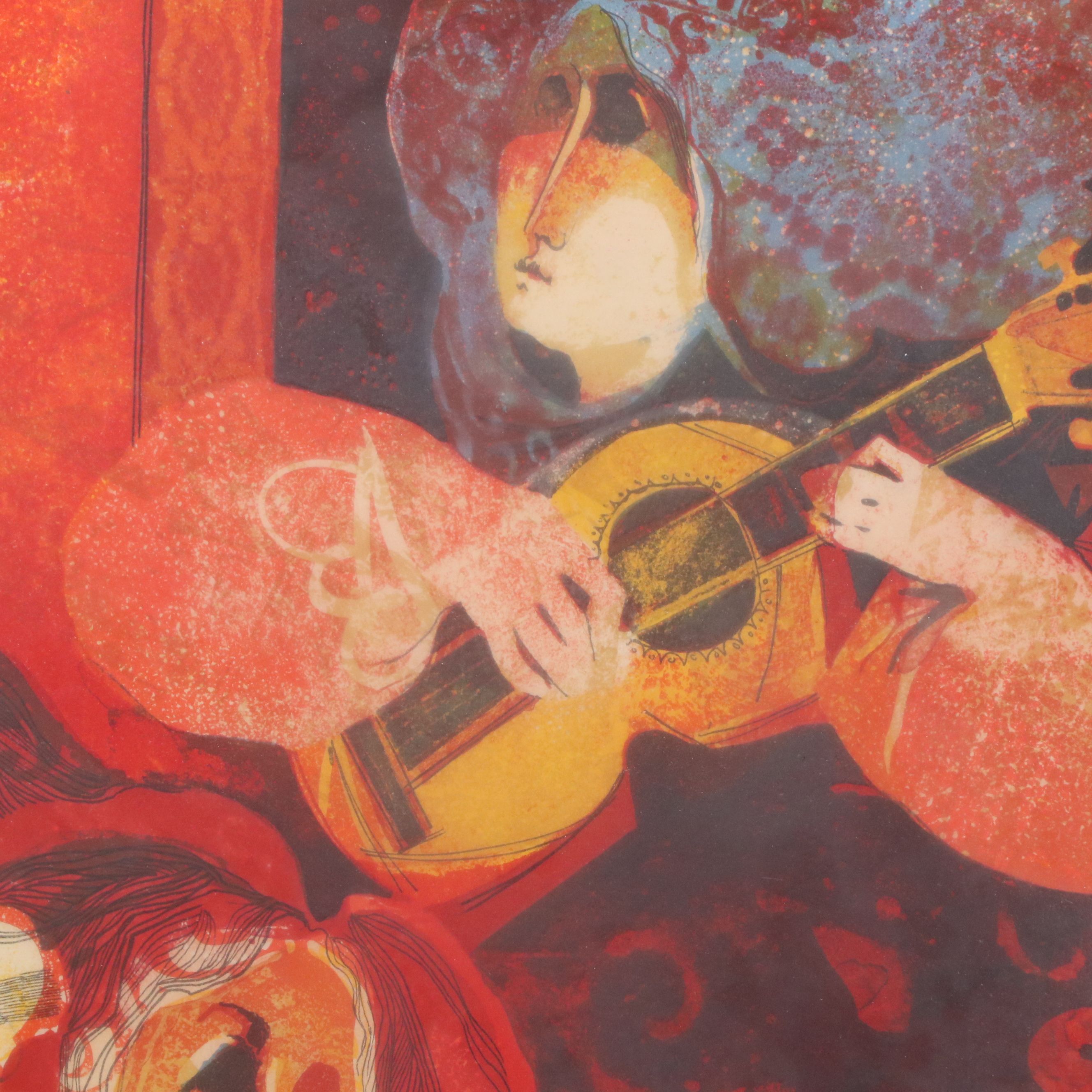Alvar Suñol Munoz-Ramos Lithograph of Woman with Flowers and Musician, 20th C.