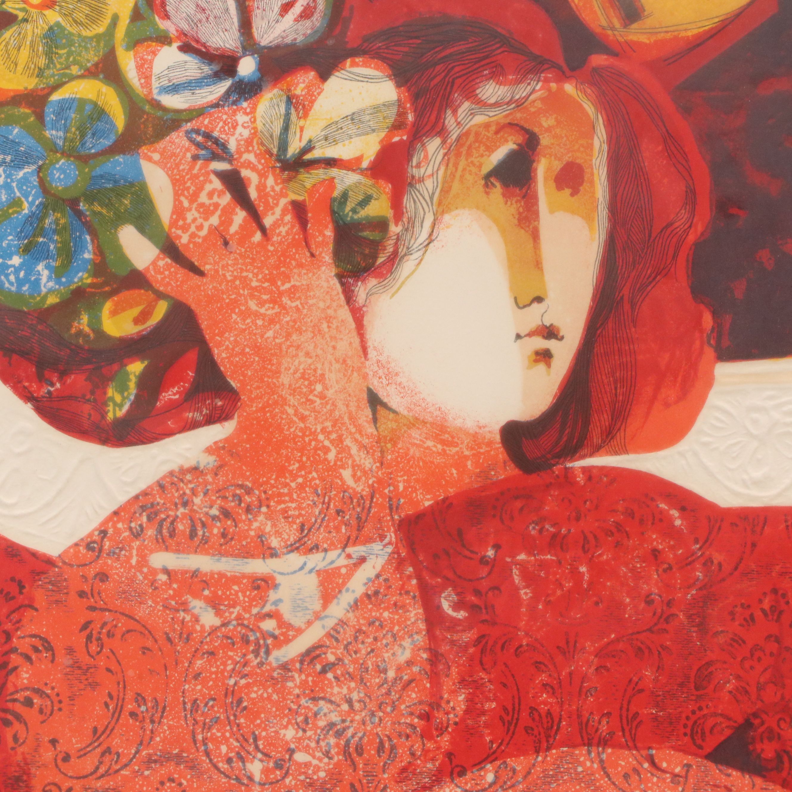 Alvar Suñol Munoz-Ramos Lithograph of Woman with Flowers and Musician, 20th C.