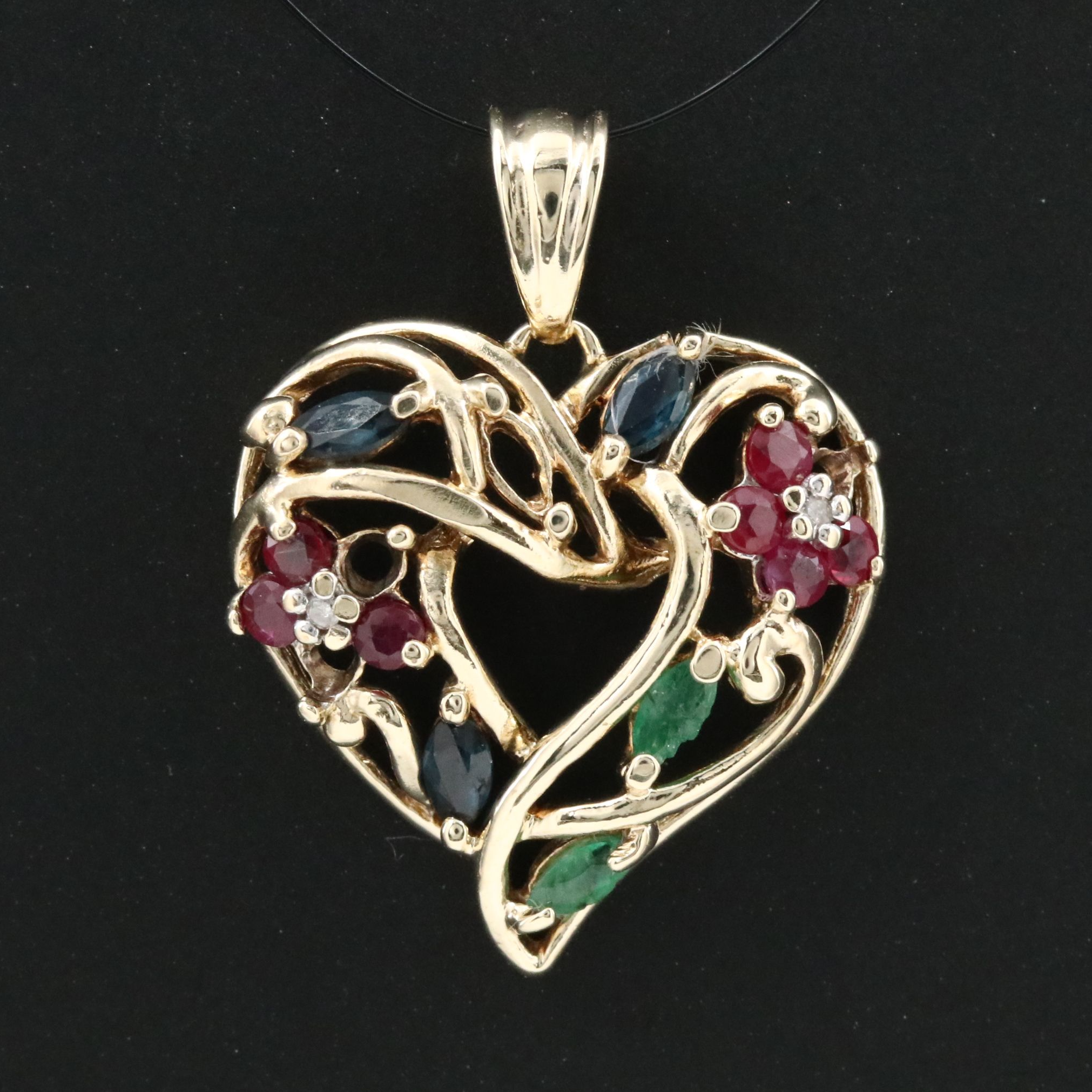 10K Ruby, Emerald, Sapphire and Diamond Heart Pendant
