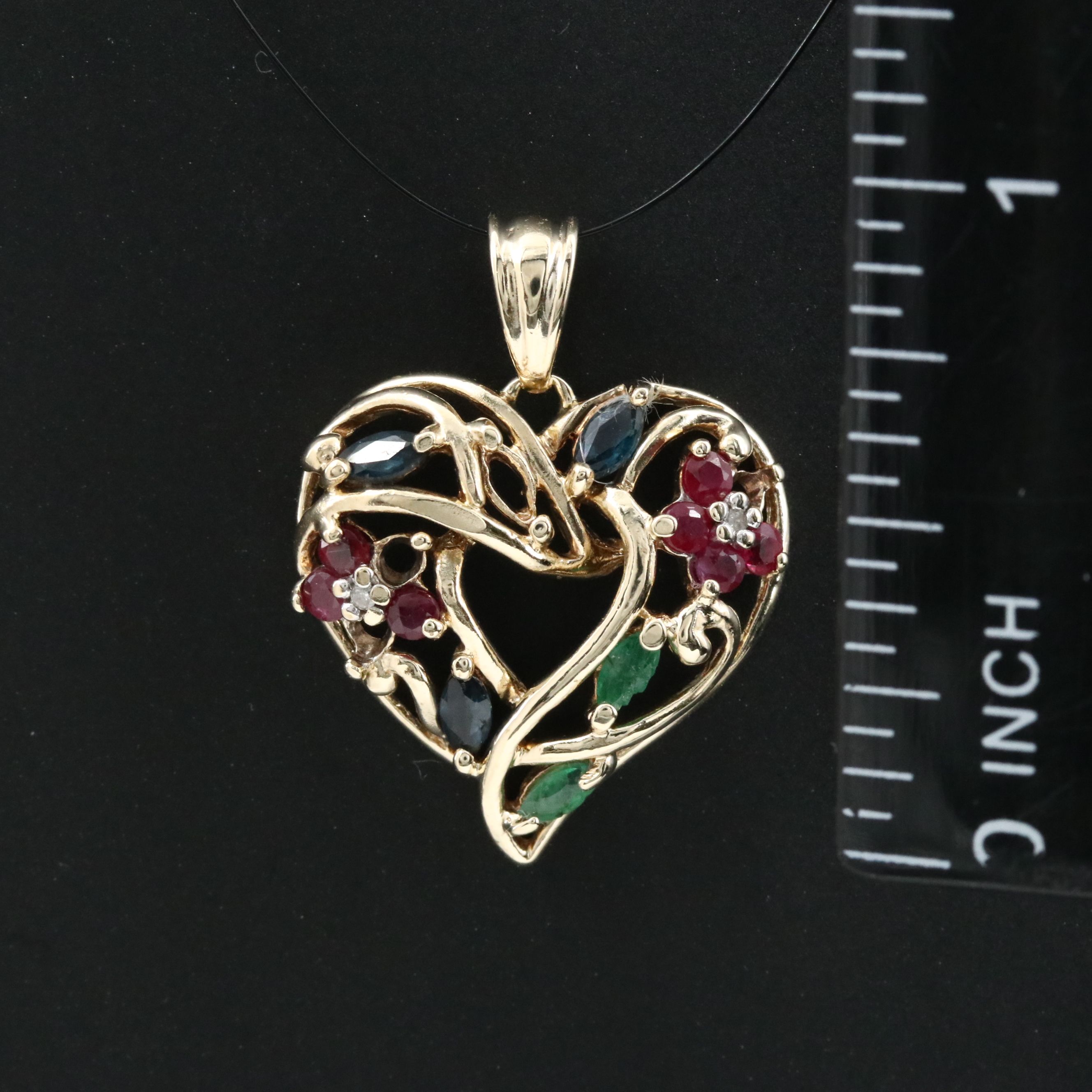 10K Ruby, Emerald, Sapphire and Diamond Heart Pendant