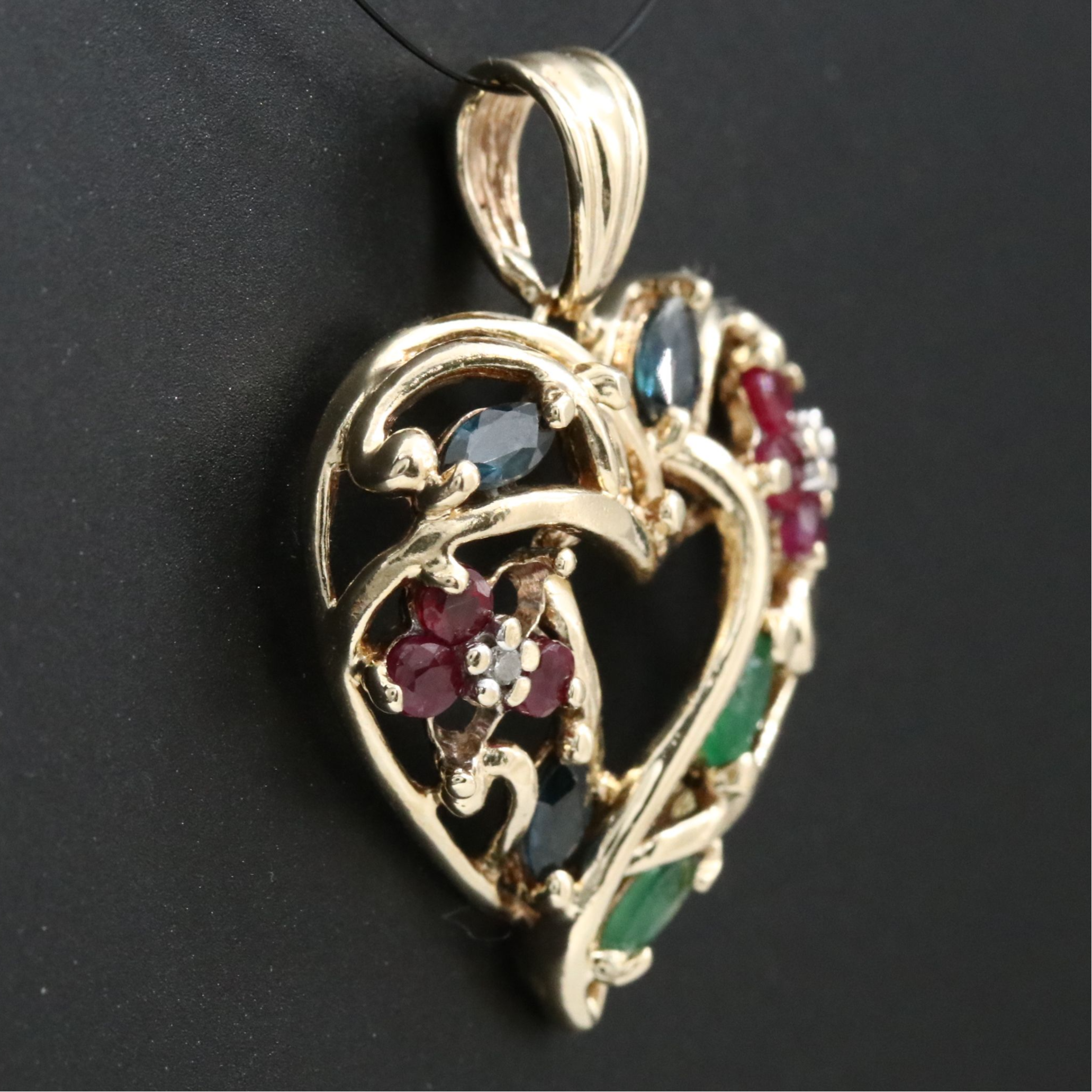 10K Ruby, Emerald, Sapphire and Diamond Heart Pendant