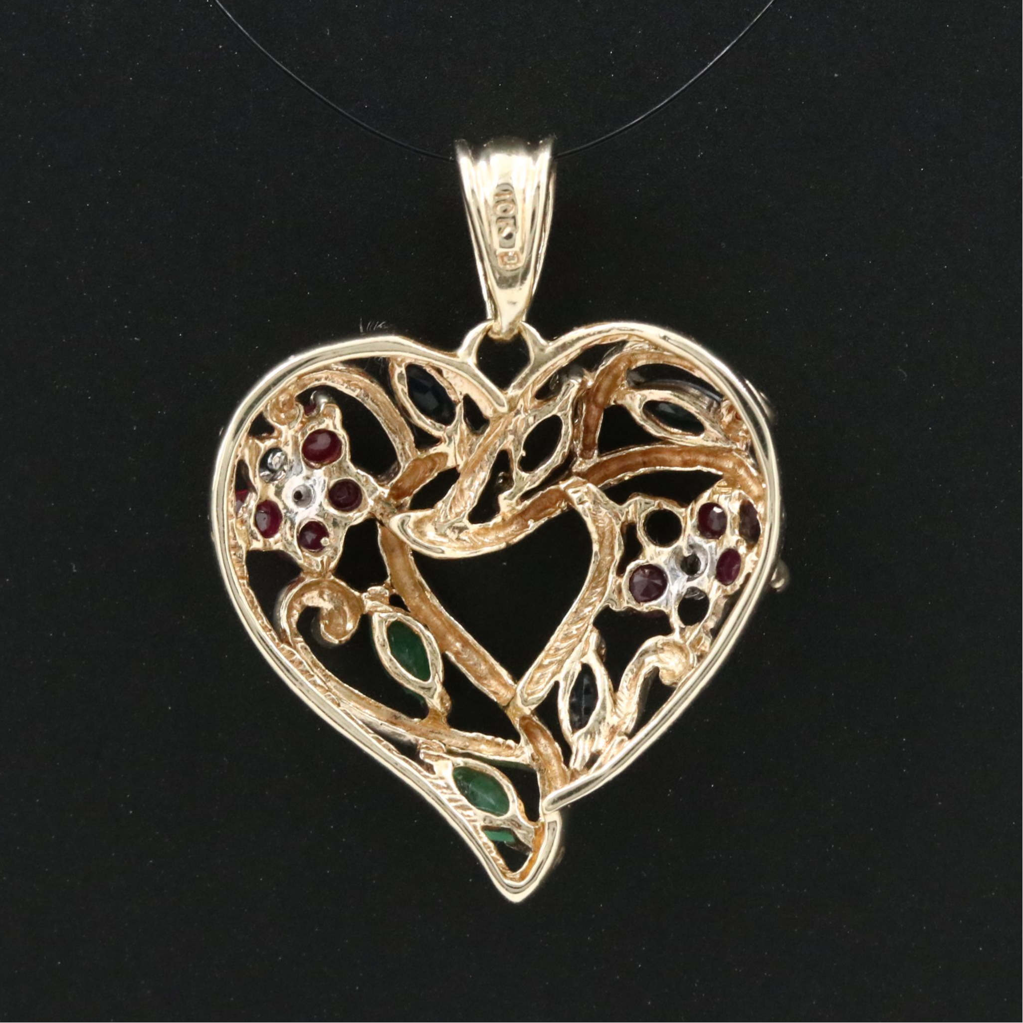 10K Ruby, Emerald, Sapphire and Diamond Heart Pendant