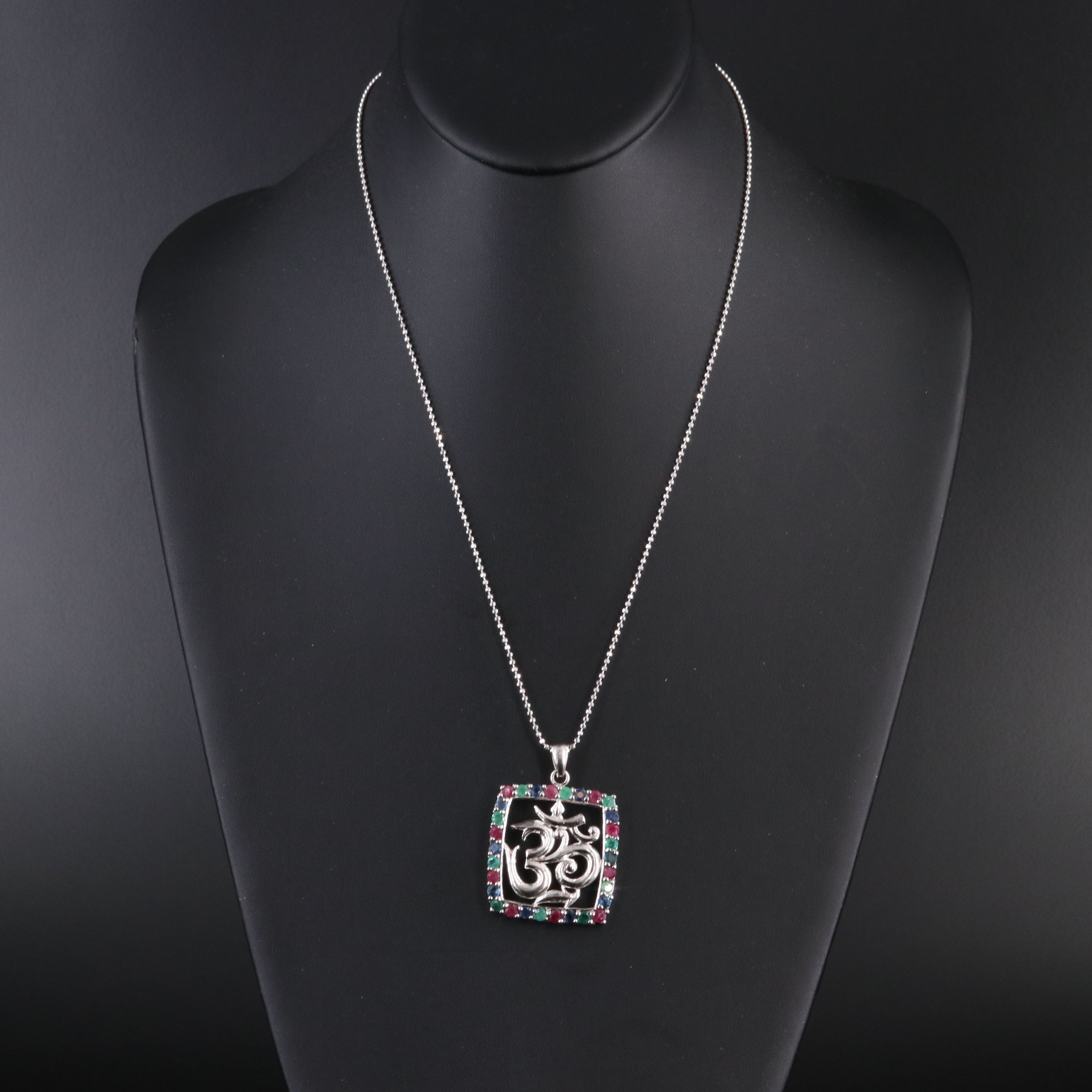 Sterling Sapphire, Ruby, and Emerald Pendant Necklace