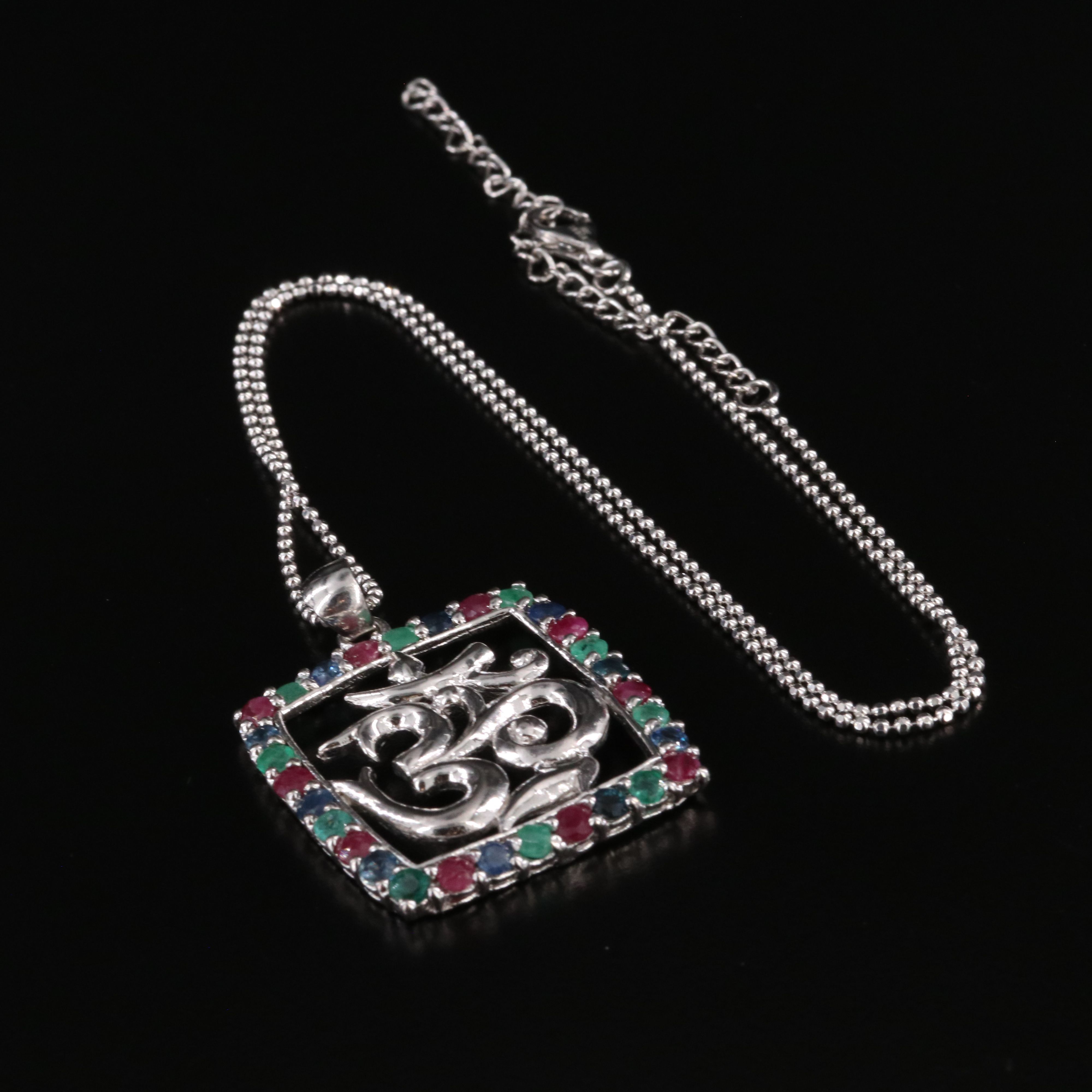 Sterling Sapphire, Ruby, and Emerald Pendant Necklace