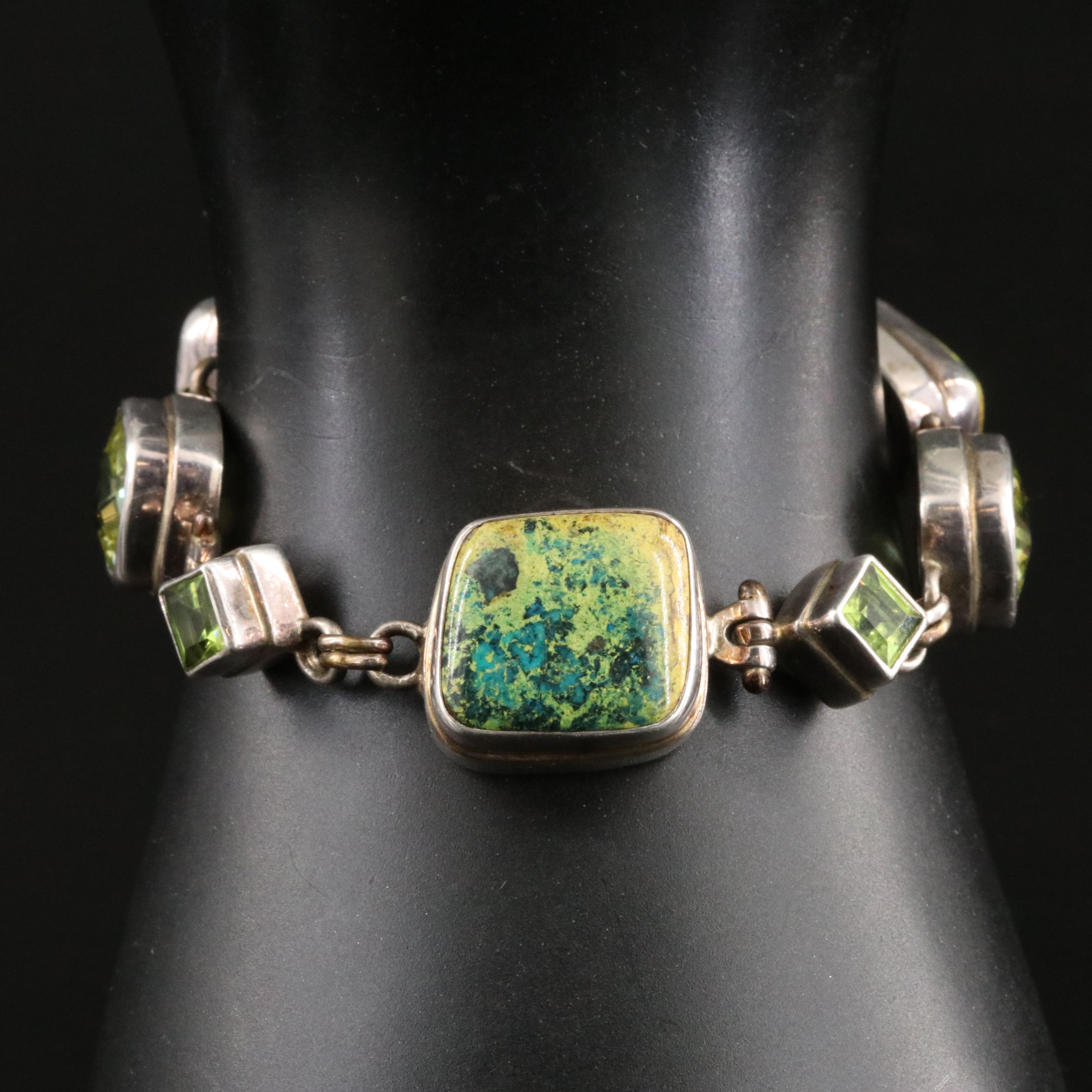 Sarda Sterling Jasper, Peridot and Cubic Zirconia Link Bracelet