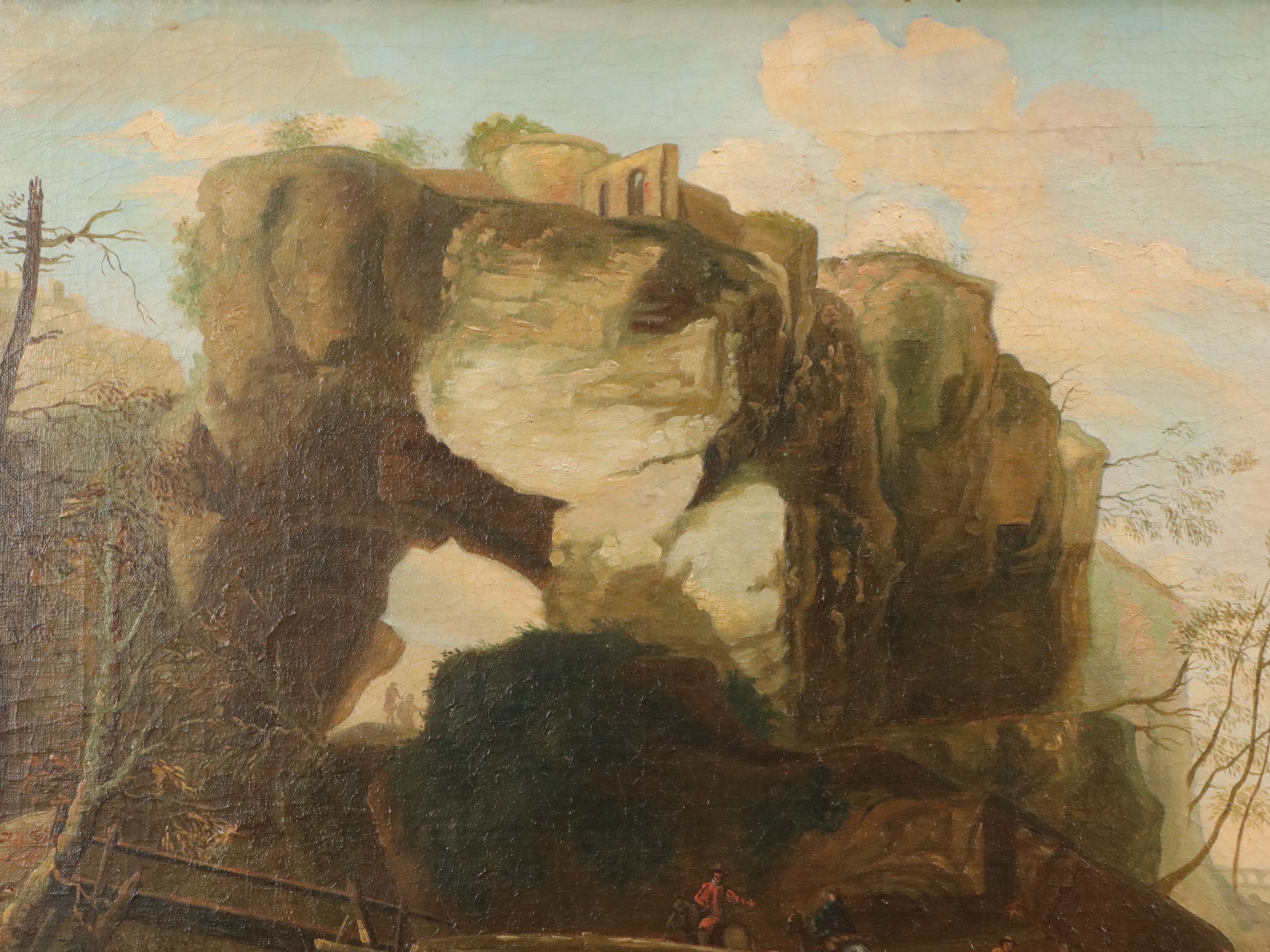 Oil Painting of Capriccio Landscape with Figures Crossing Bridge, 19th Century