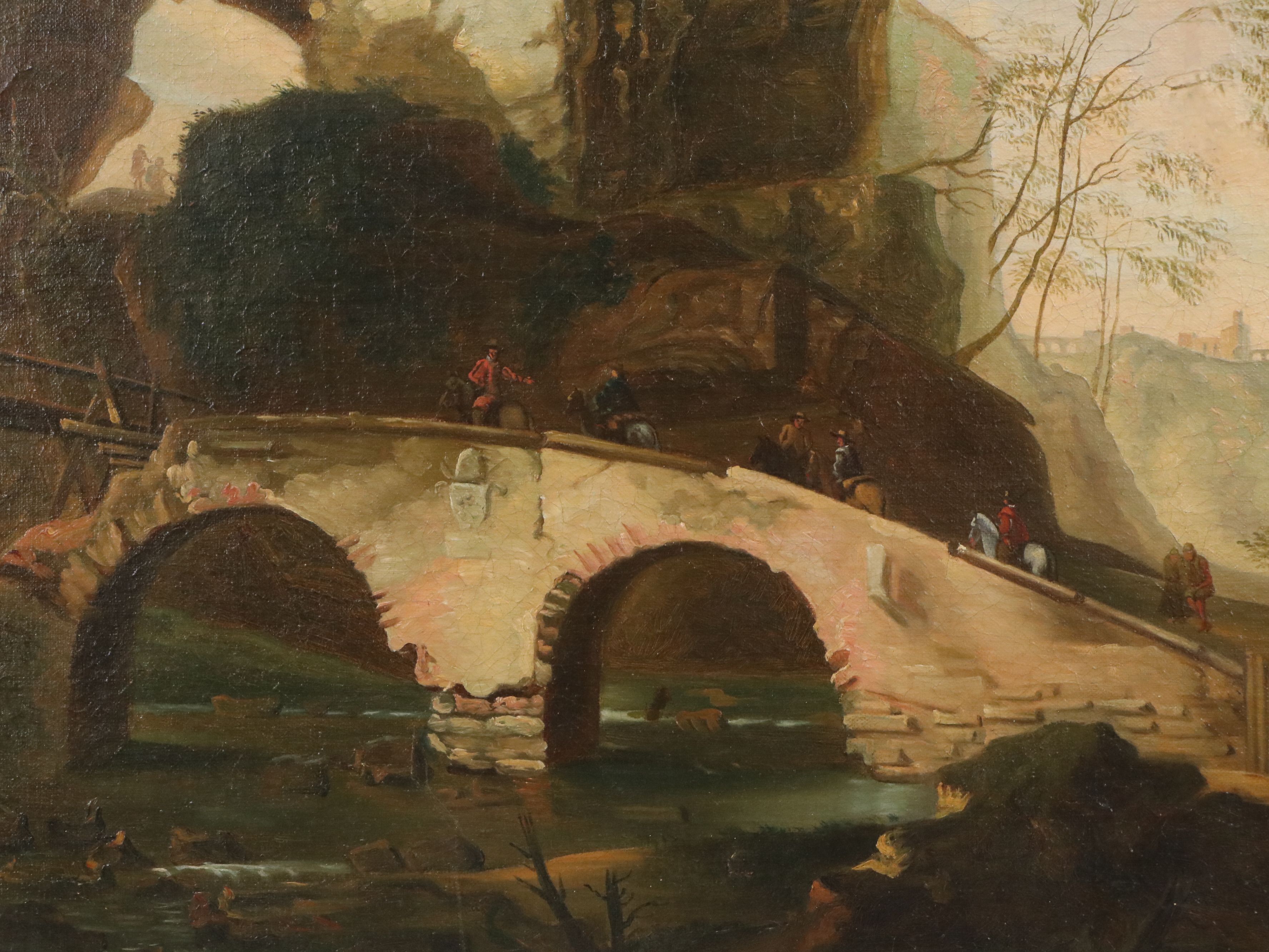 Oil Painting of Capriccio Landscape with Figures Crossing Bridge, 19th Century