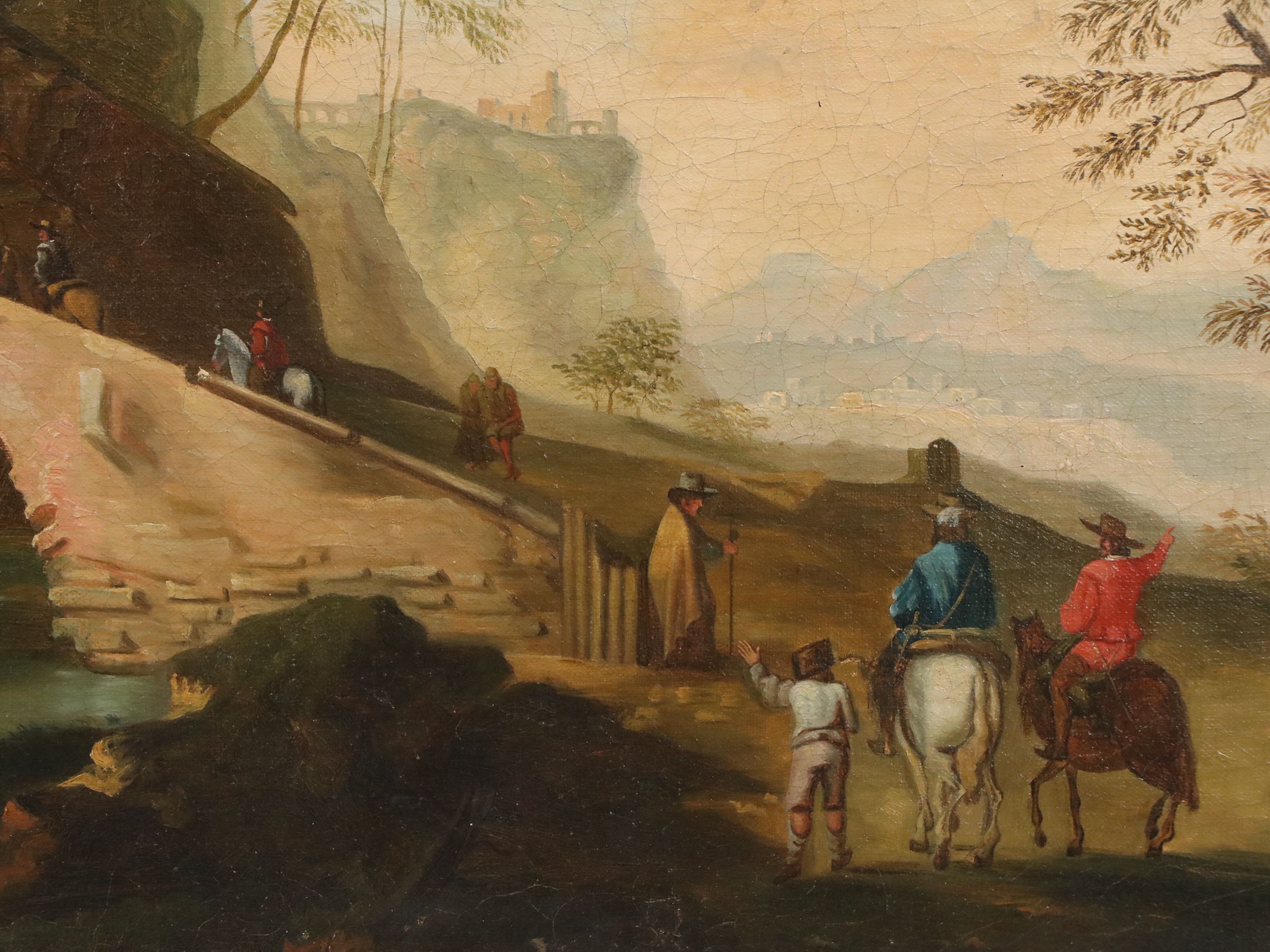 Oil Painting of Capriccio Landscape with Figures Crossing Bridge, 19th Century