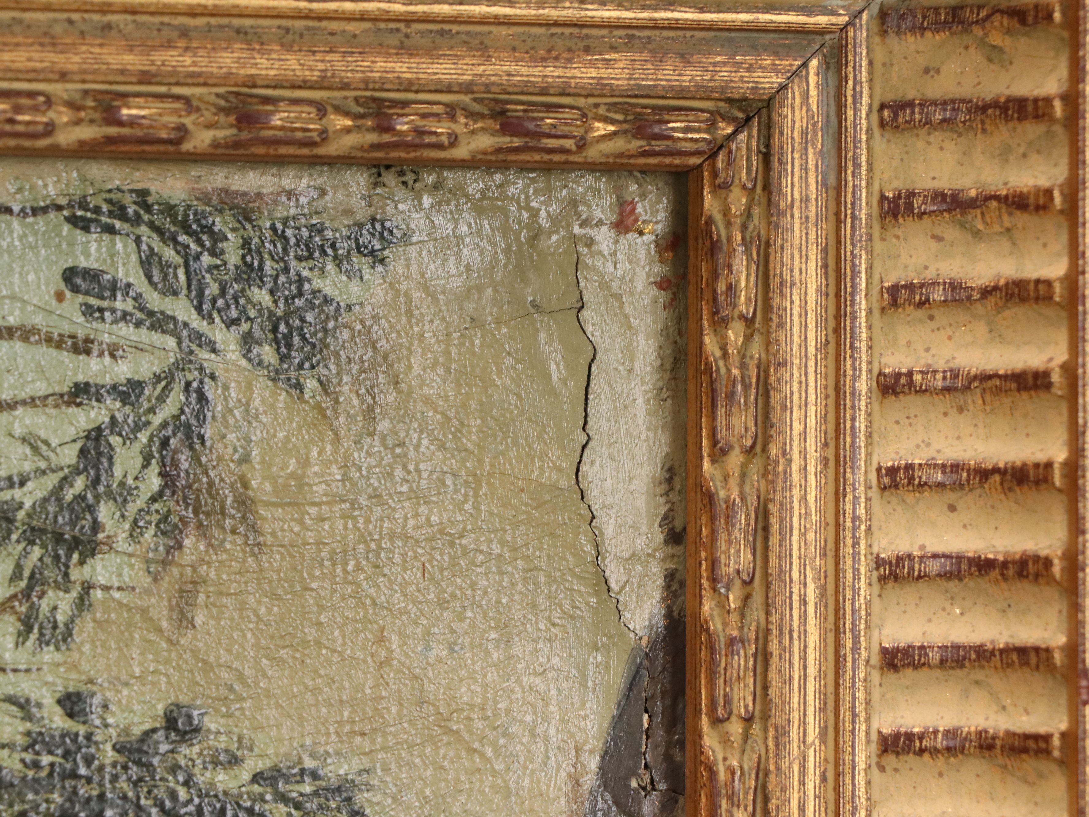 Oil Painting of Capriccio Landscape with Figures Crossing Bridge, 19th Century