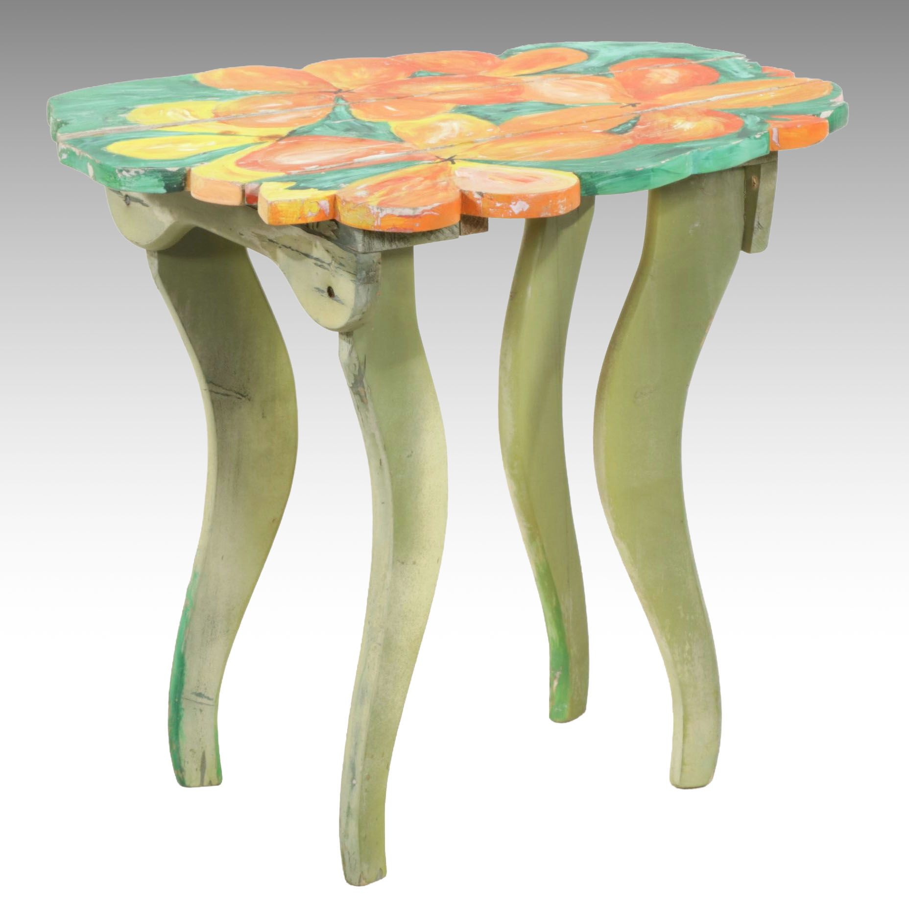Rustic Hand-Painted Pine Floral Accent Table