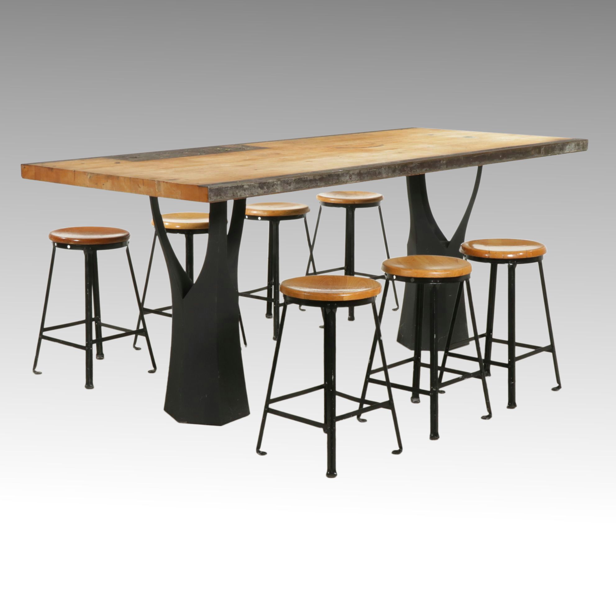 Postmodern High-Top Table with Pexto Industrial Tabletop and Nine Stools