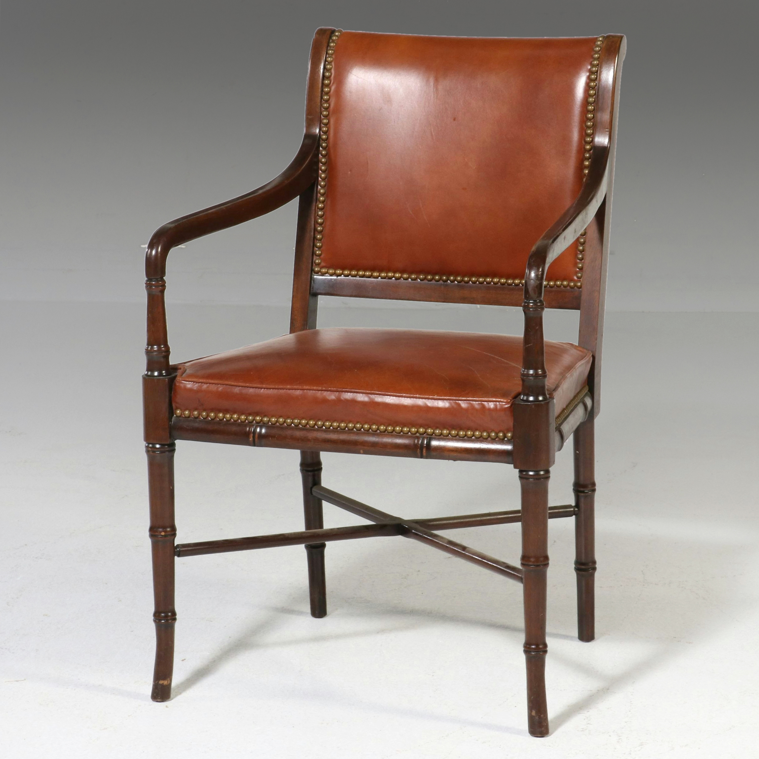 Hickory Chair Regency Style Bamboo Carved Mahogany and Leather Armchair