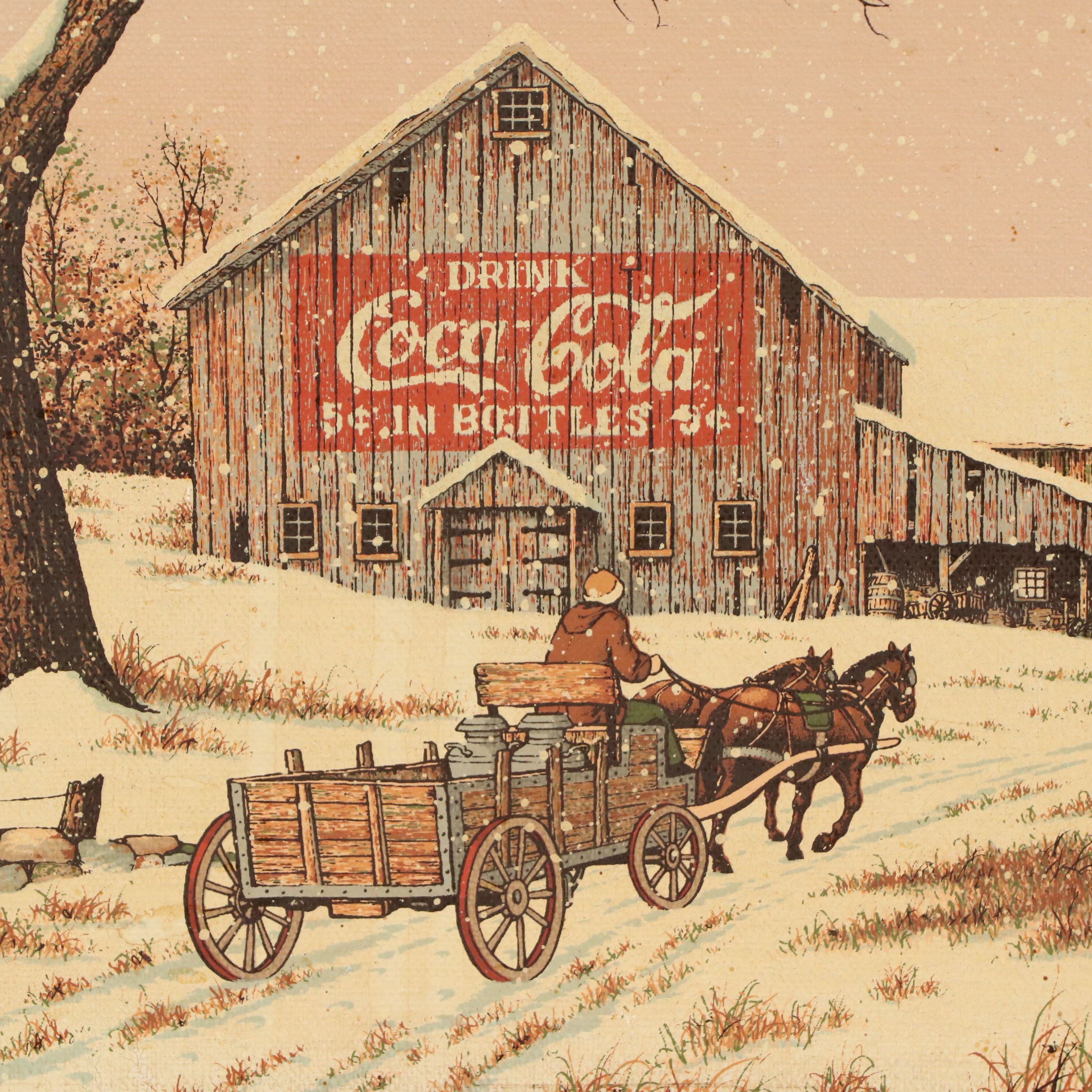 C. Carson Serigraph on Canvas of Coca Cola Barn in Snow, Circa 1980s