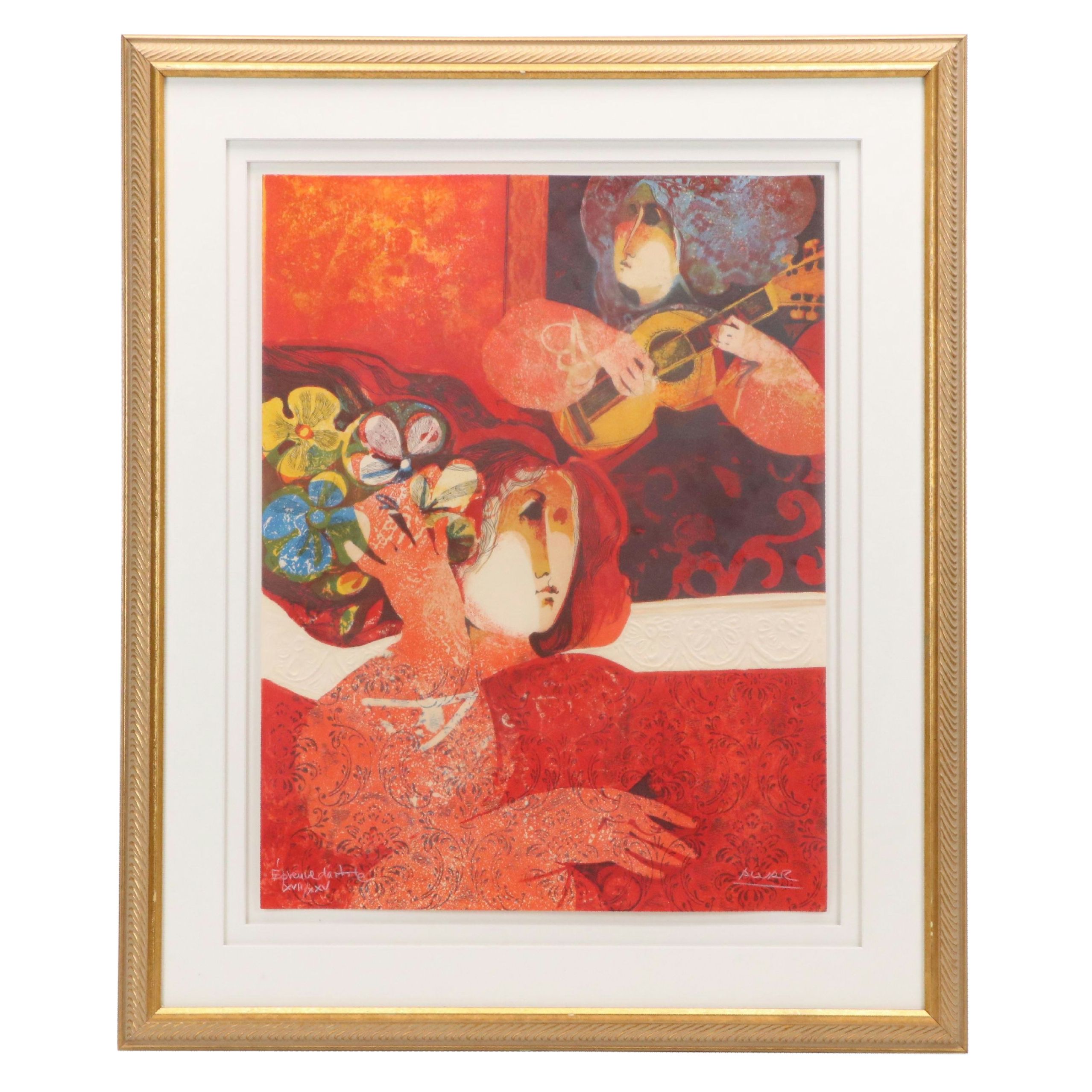 Alvar Suñol Munoz-Ramos Lithograph of Woman with Flowers and Musician, 20th C.