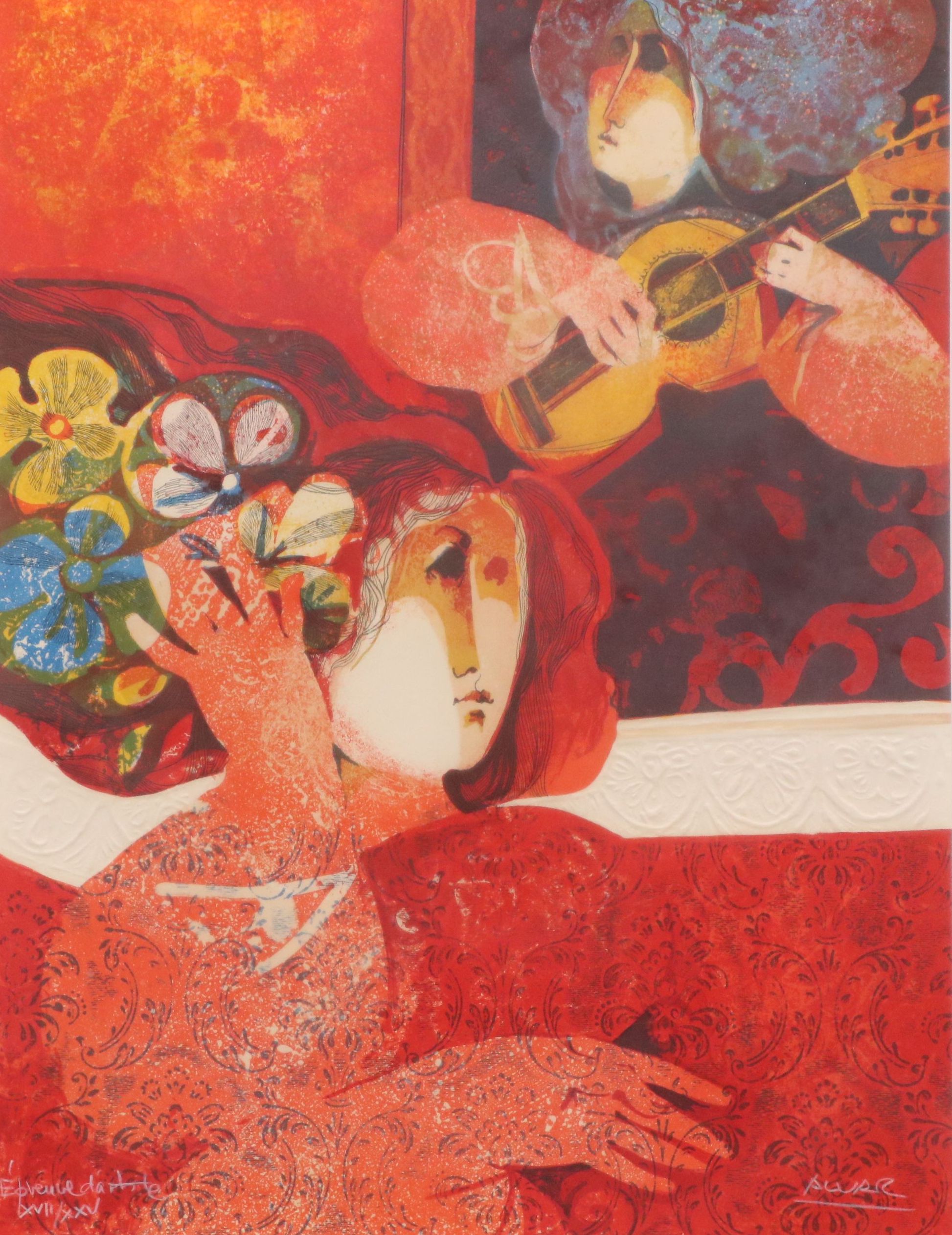 Alvar Suñol Munoz-Ramos Lithograph of Woman with Flowers and Musician, 20th C.