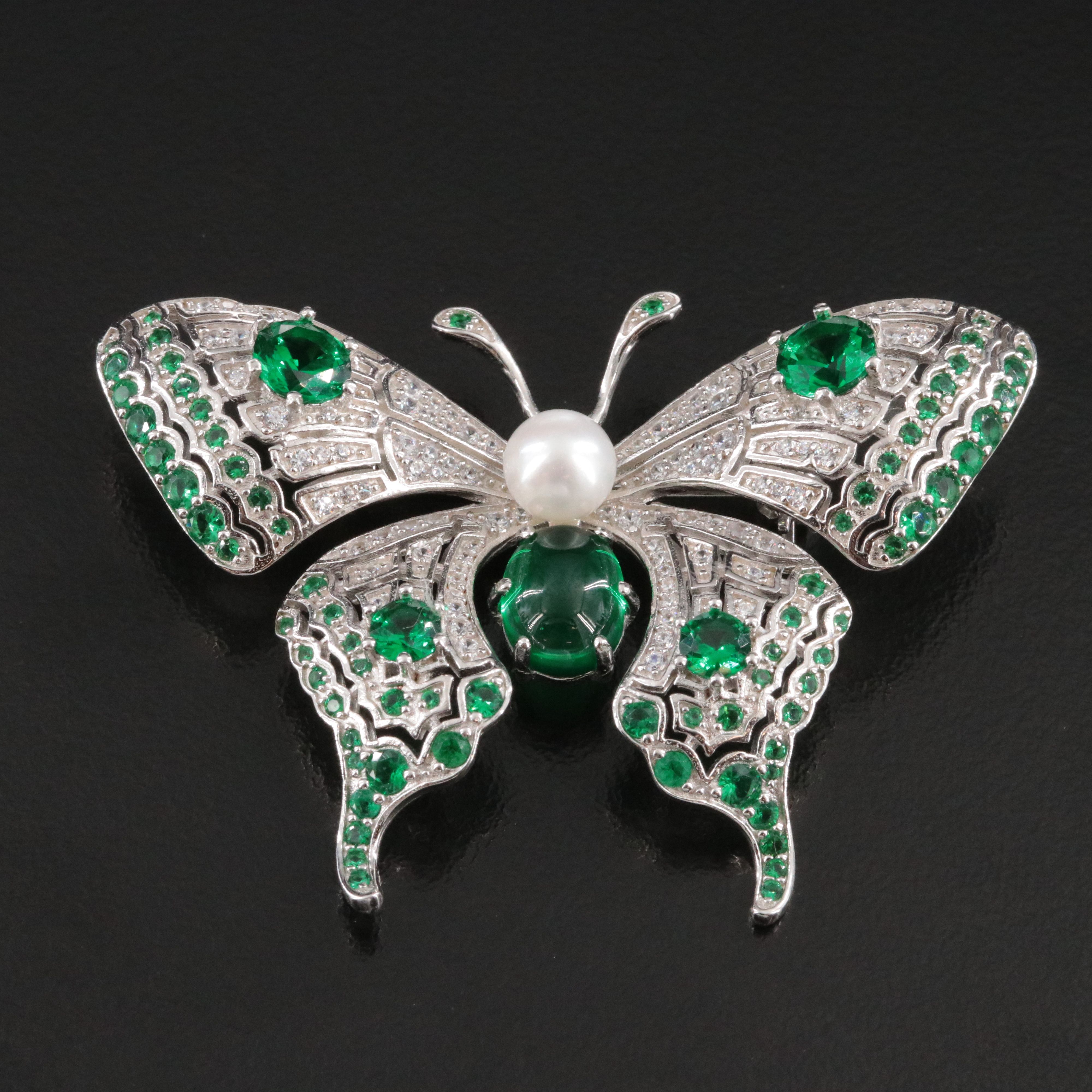 Sterling Butterfly Converter Brooch Including CZ, Pearl and Glass