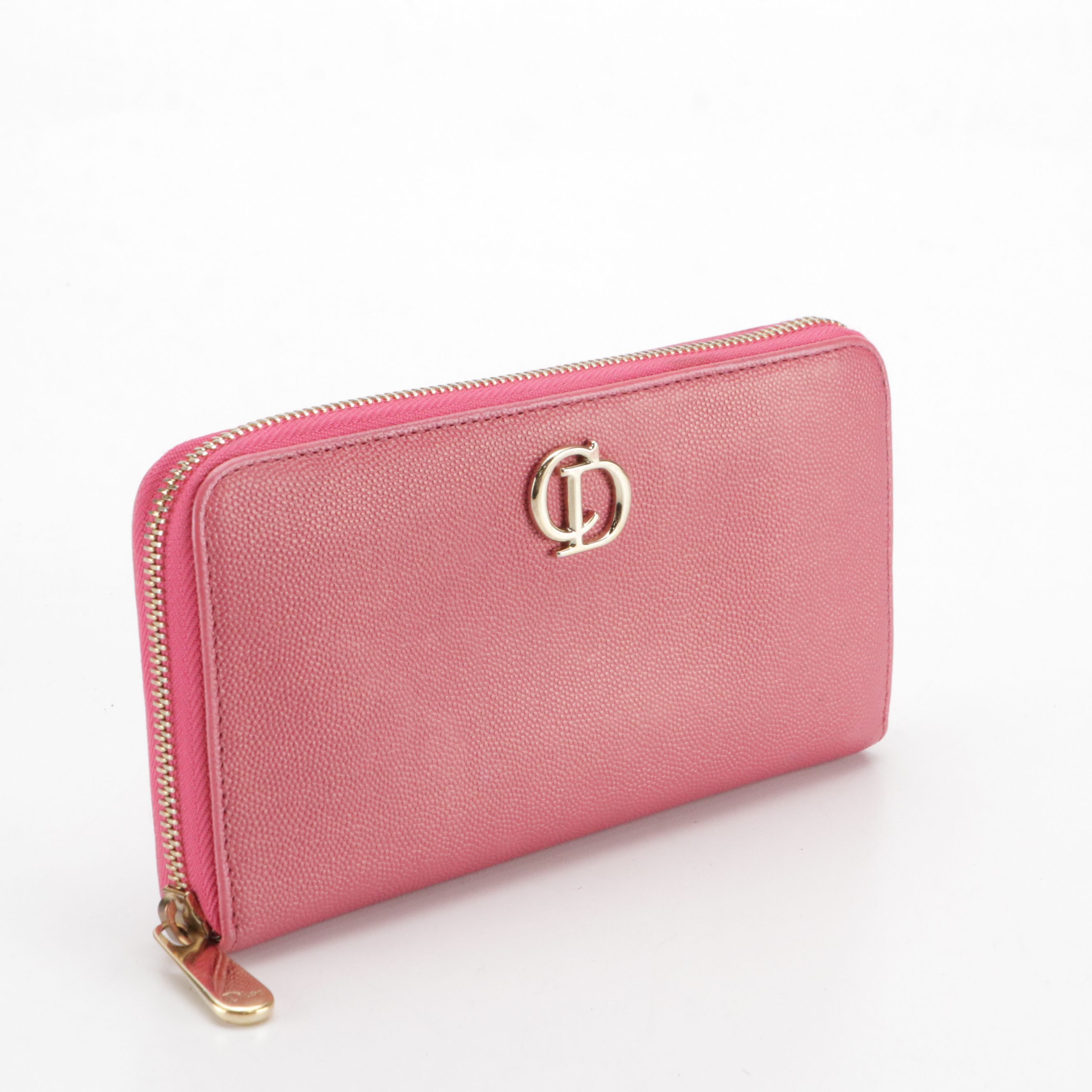 Christian Dior Zip Around Wallet in Pink Pebbled Leather