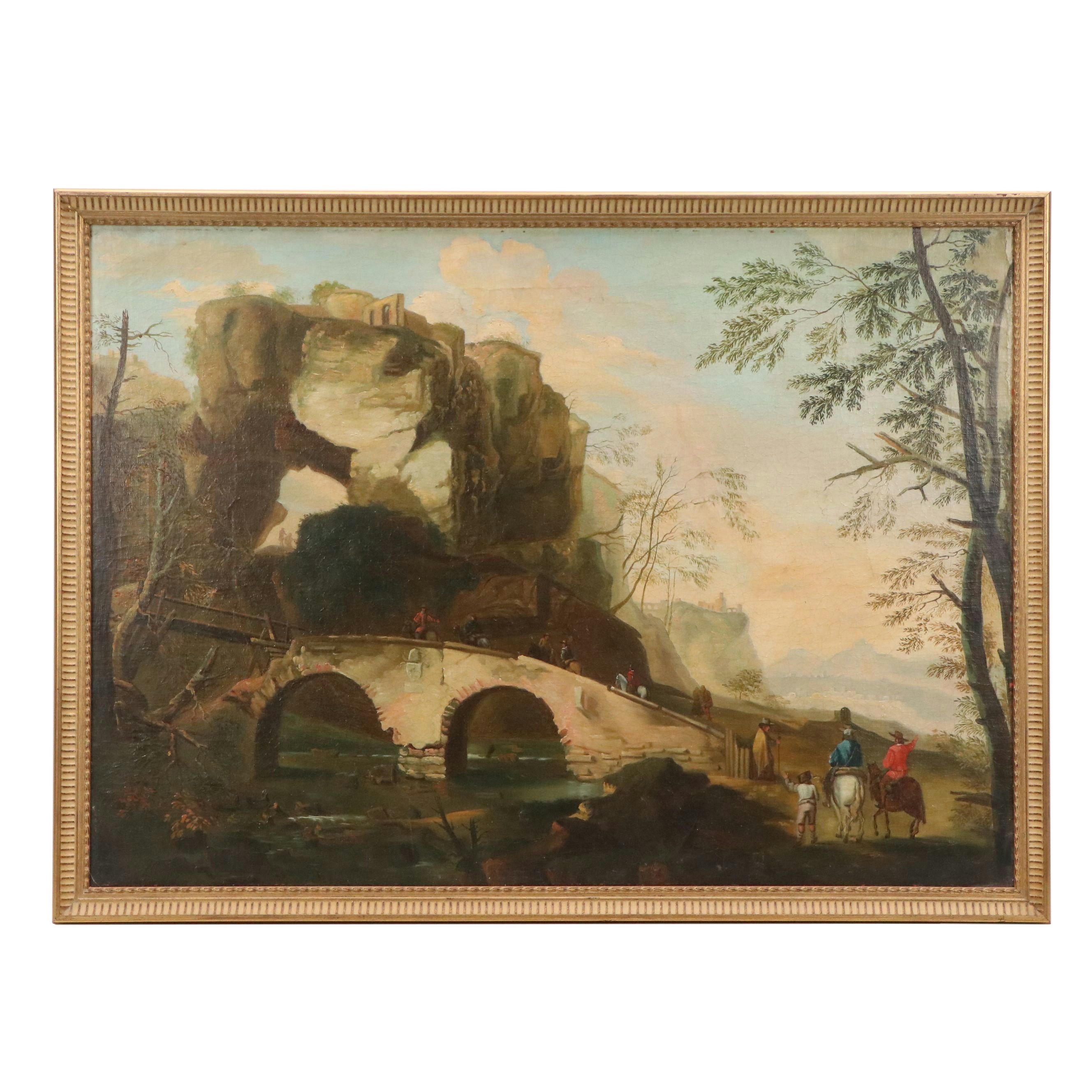 Oil Painting of Capriccio Landscape with Figures Crossing Bridge, 19th Century