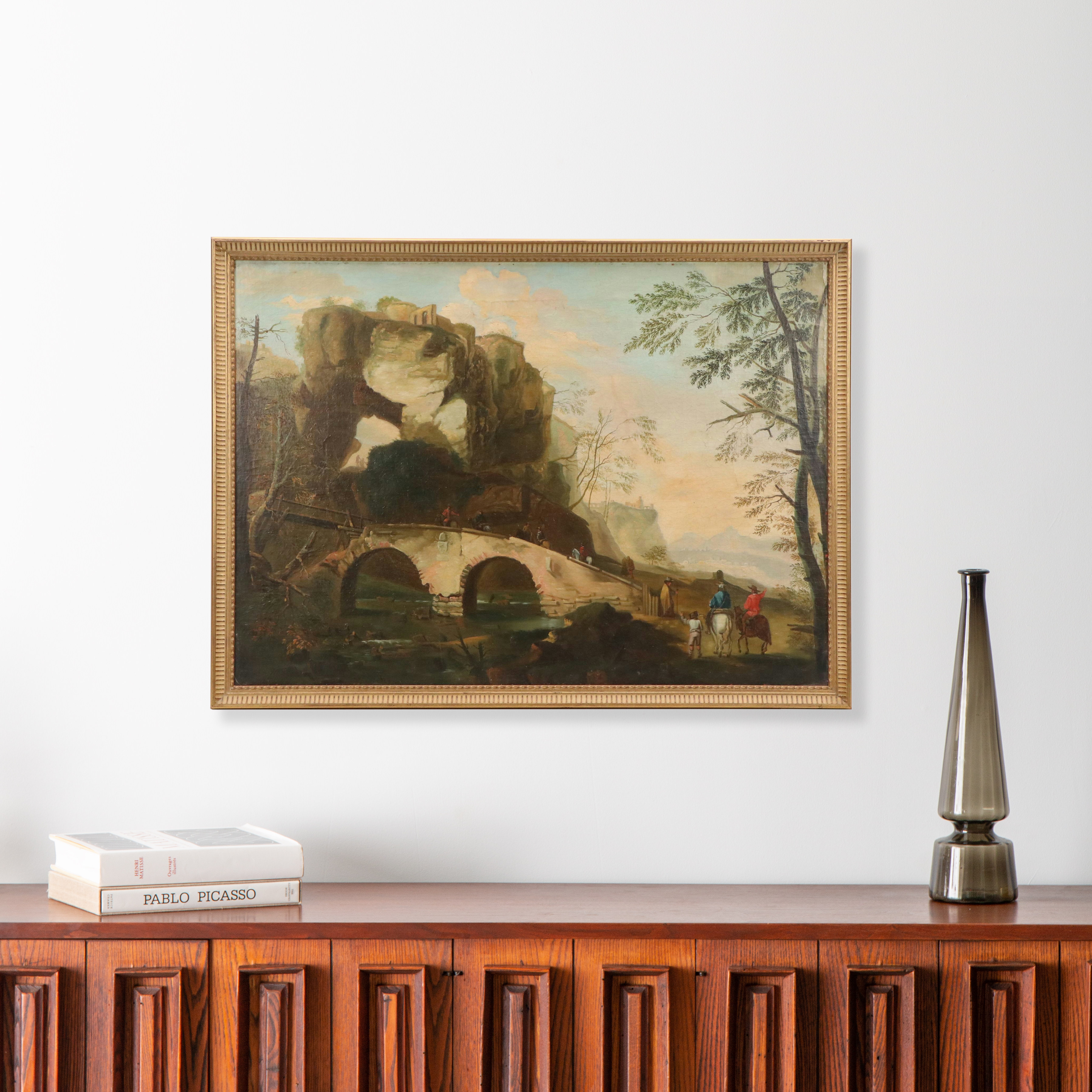 Oil Painting of Capriccio Landscape with Figures Crossing Bridge, 19th Century