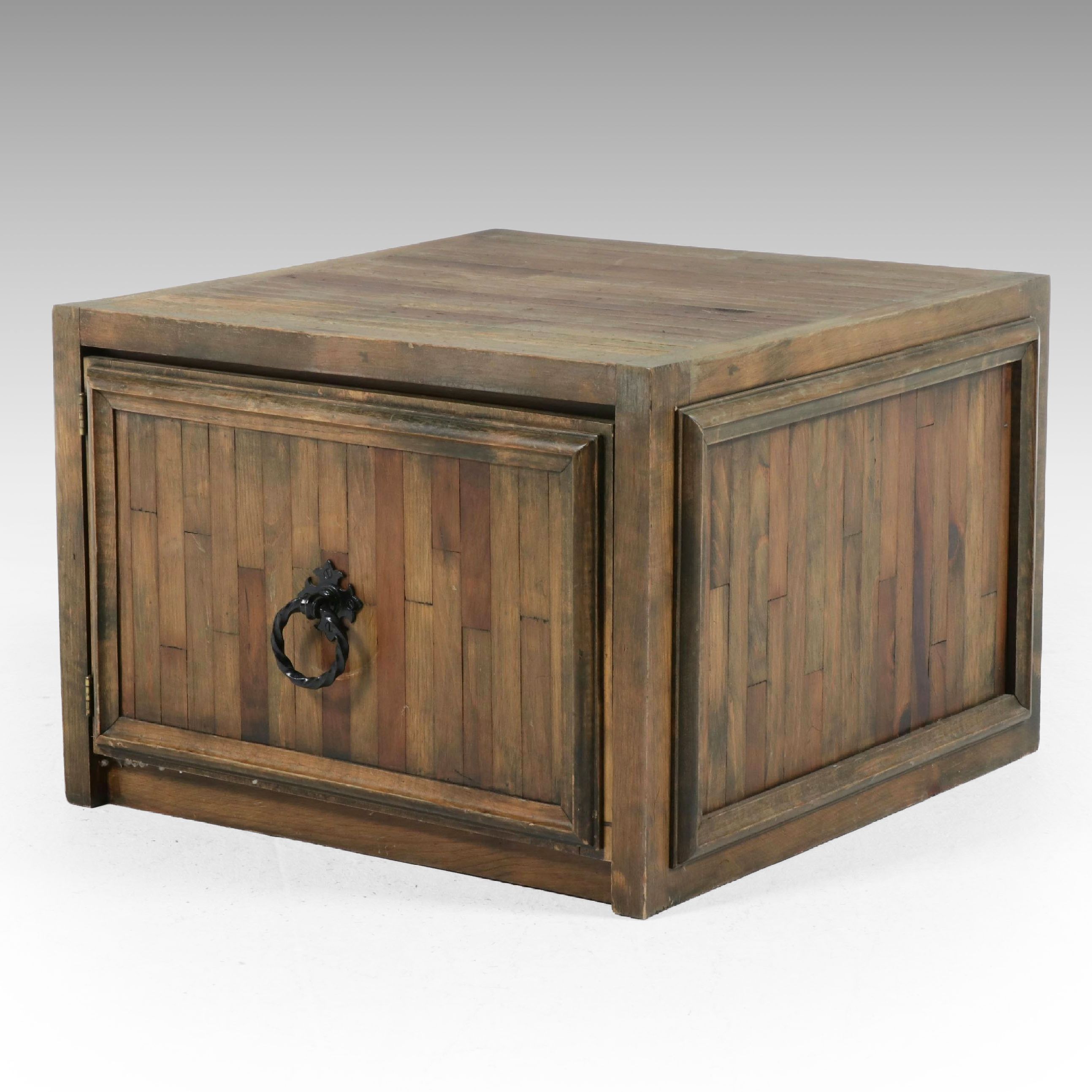 Rustic Parquet-Style Hardwood Cube Side Table with Cabinet, 21st Century