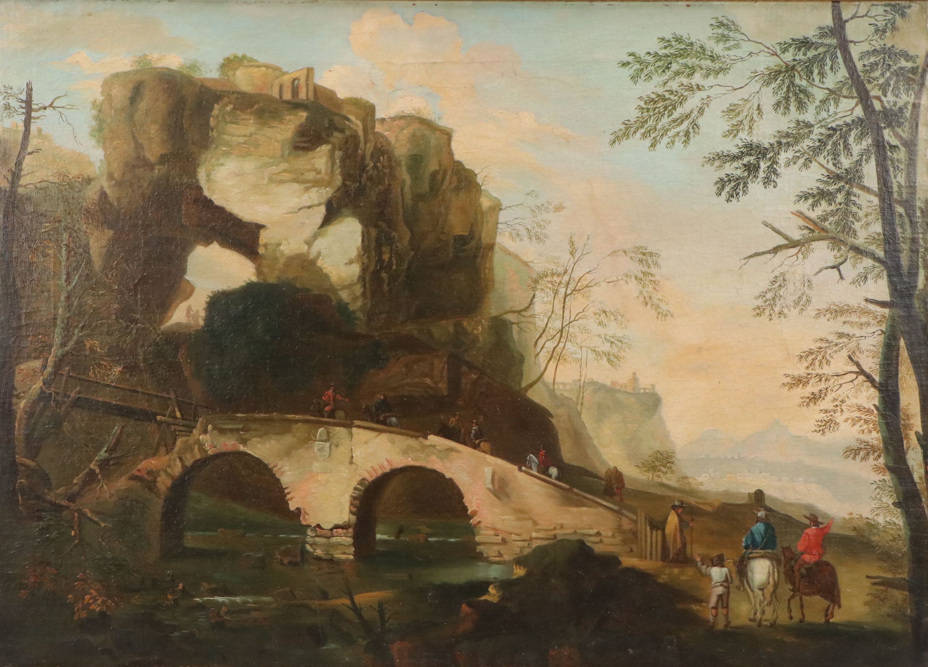 Oil Painting of Capriccio Landscape with Figures Crossing Bridge, 19th Century