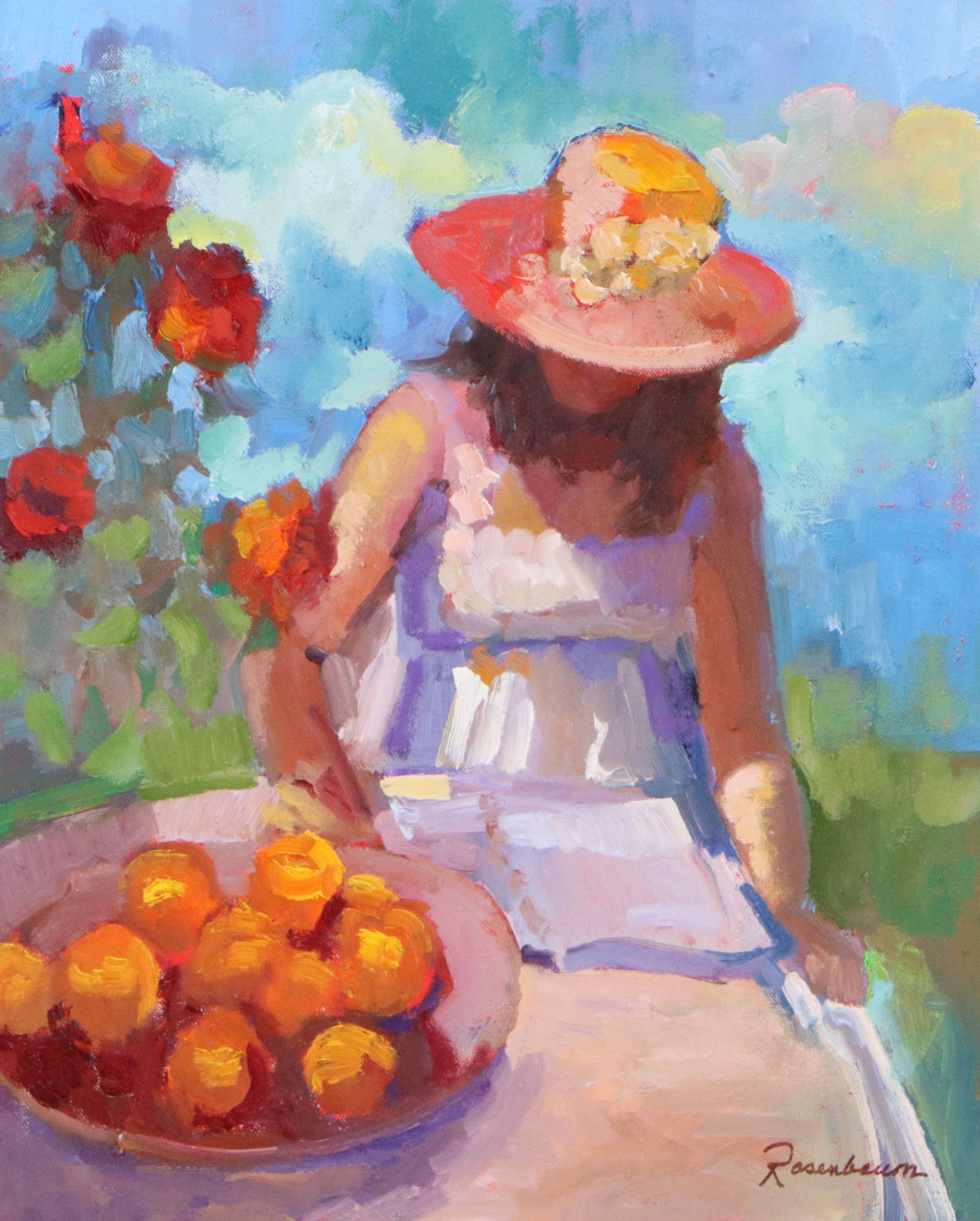 Sally Rosenbaum Impressionistic Oil Painting of Woman Reading in Garden, 21st C.
