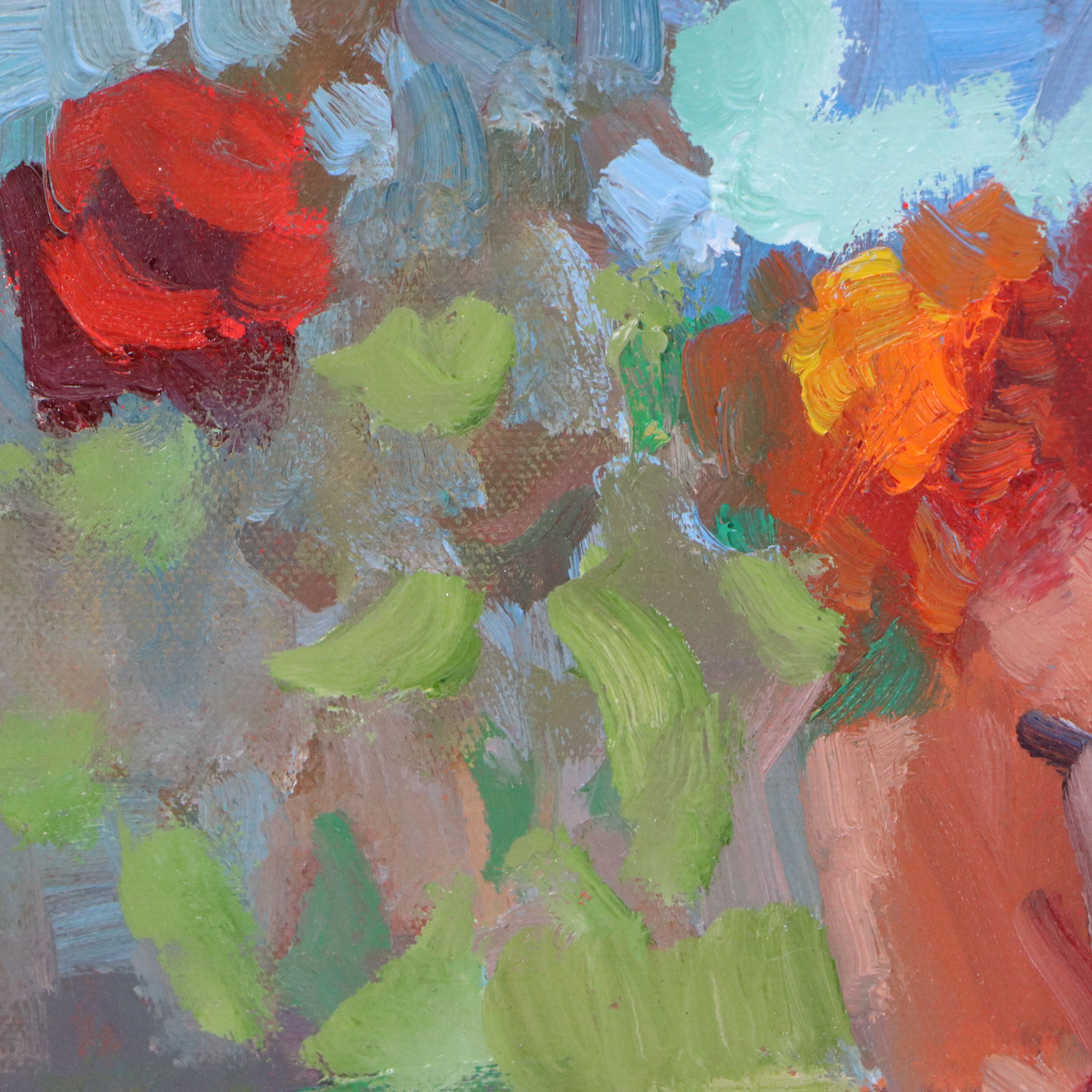 Sally Rosenbaum Impressionistic Oil Painting of Woman Reading in Garden, 21st C.