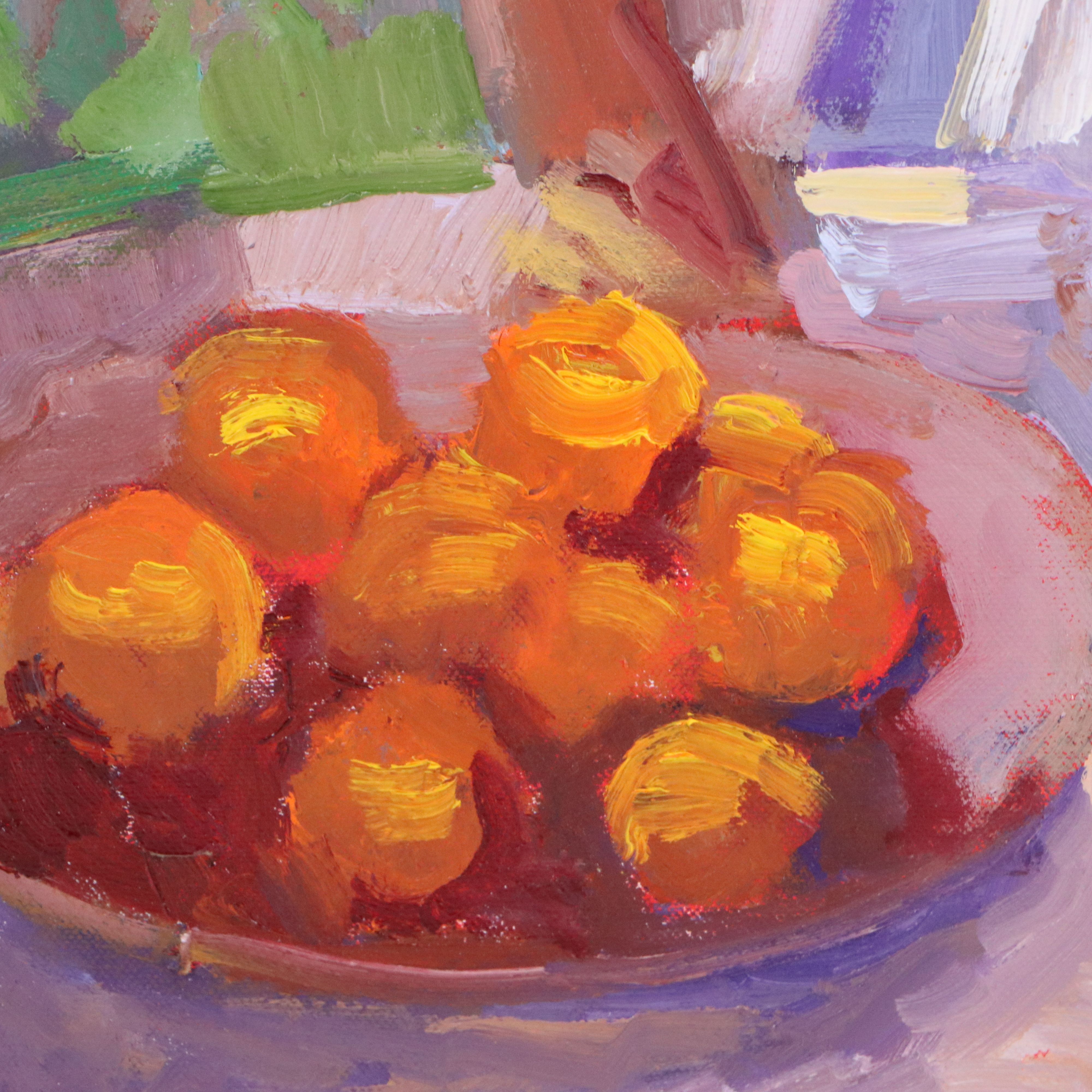 Sally Rosenbaum Impressionistic Oil Painting of Woman Reading in Garden, 21st C.