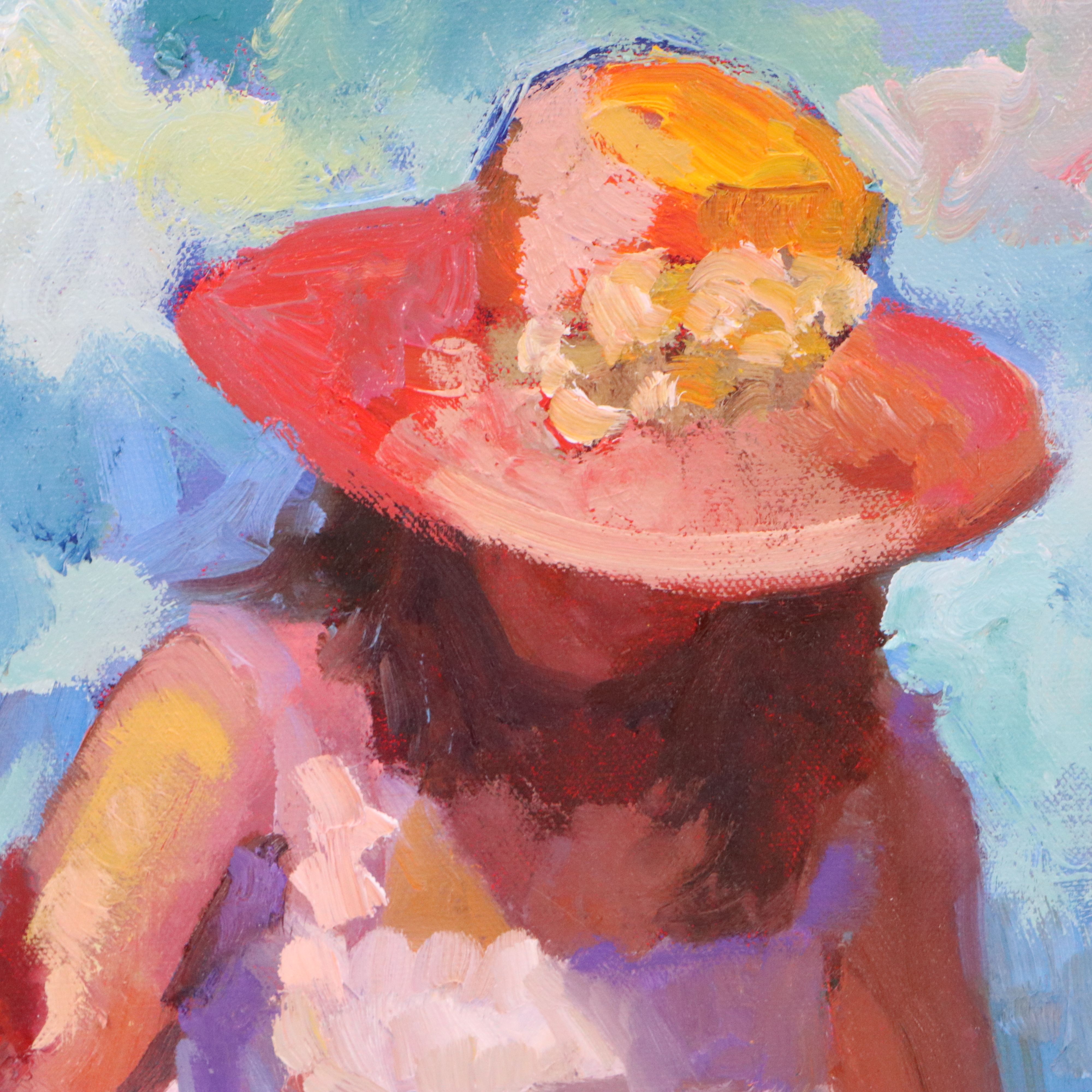 Sally Rosenbaum Impressionistic Oil Painting of Woman Reading in Garden, 21st C.