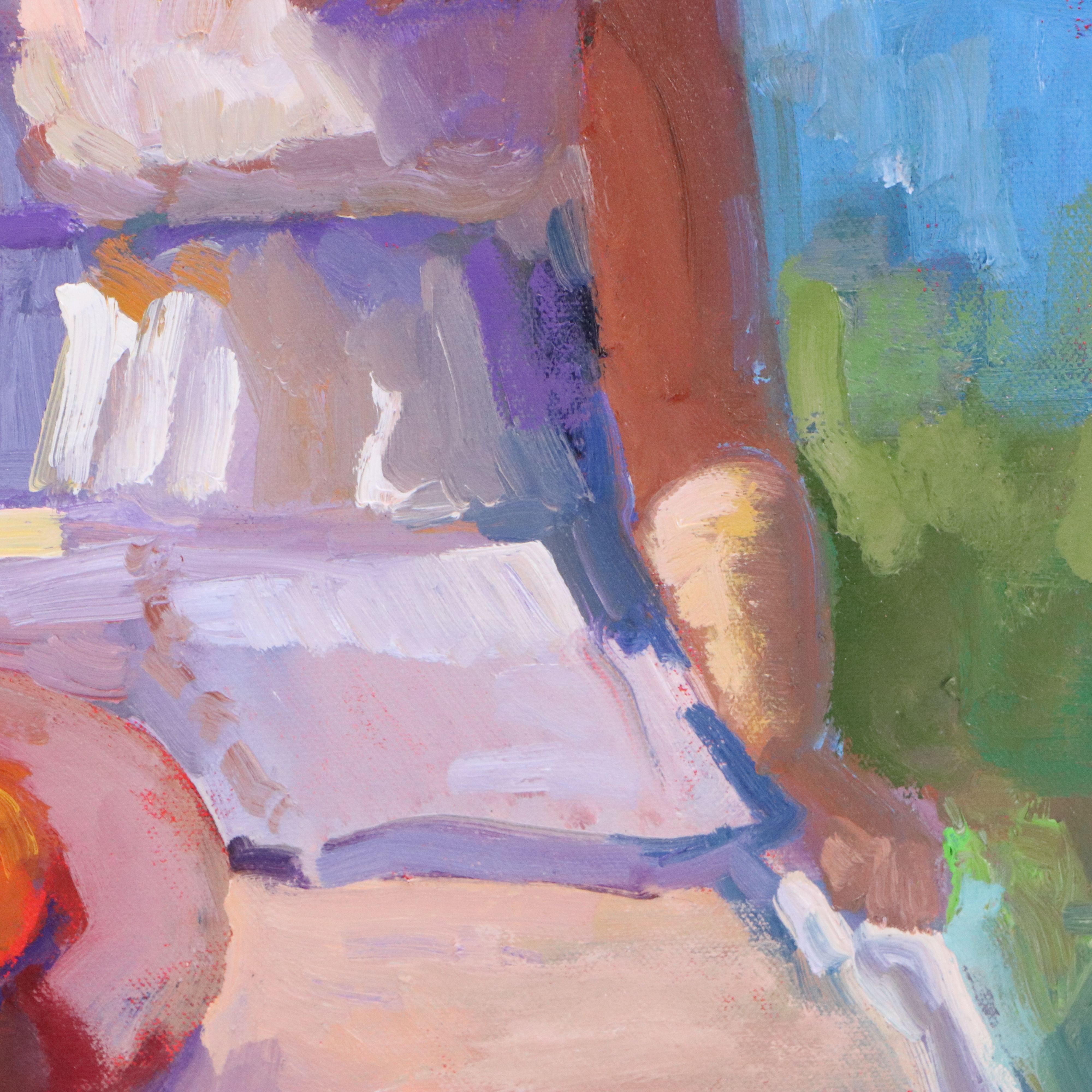 Sally Rosenbaum Impressionistic Oil Painting of Woman Reading in Garden, 21st C.