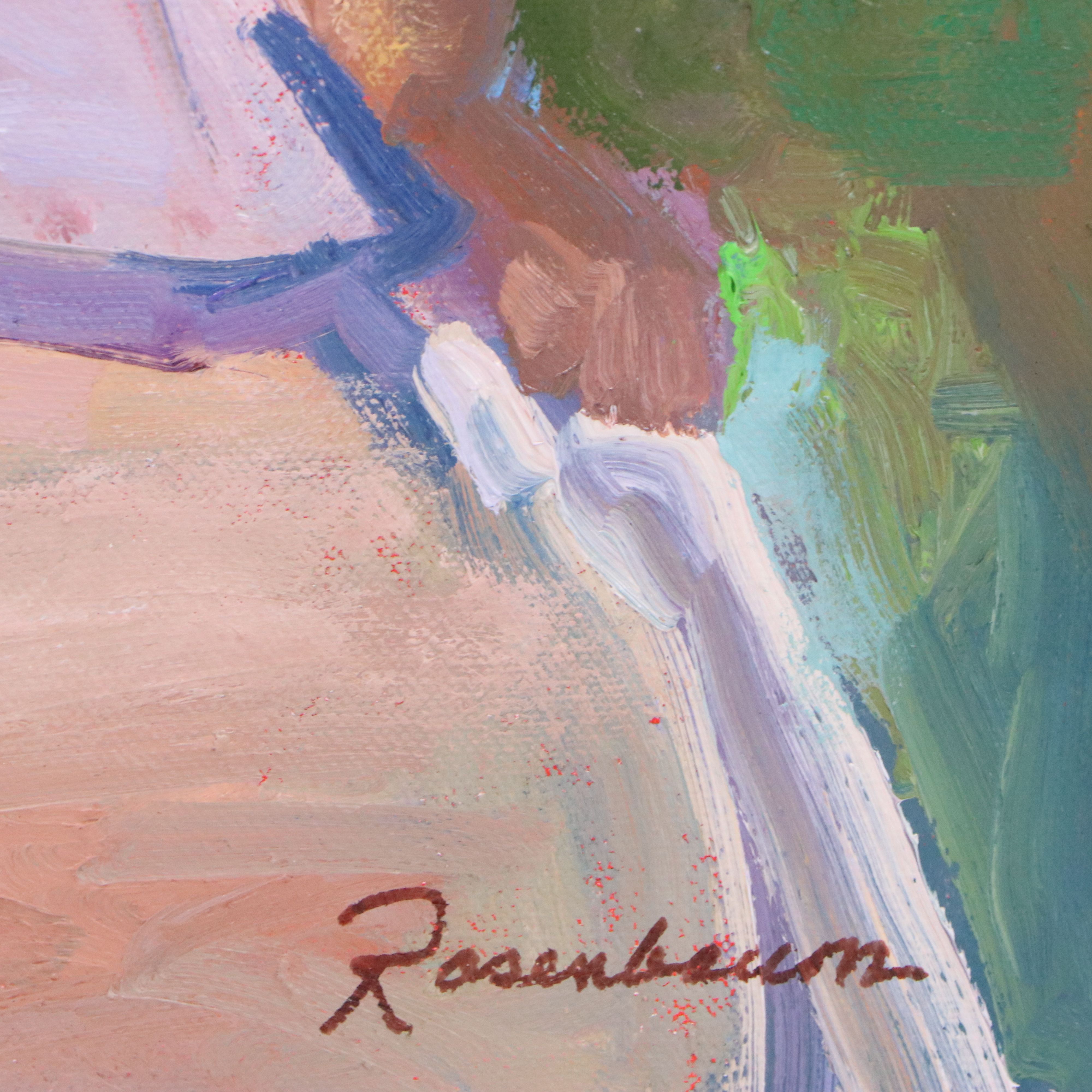 Sally Rosenbaum Impressionistic Oil Painting of Woman Reading in Garden, 21st C.