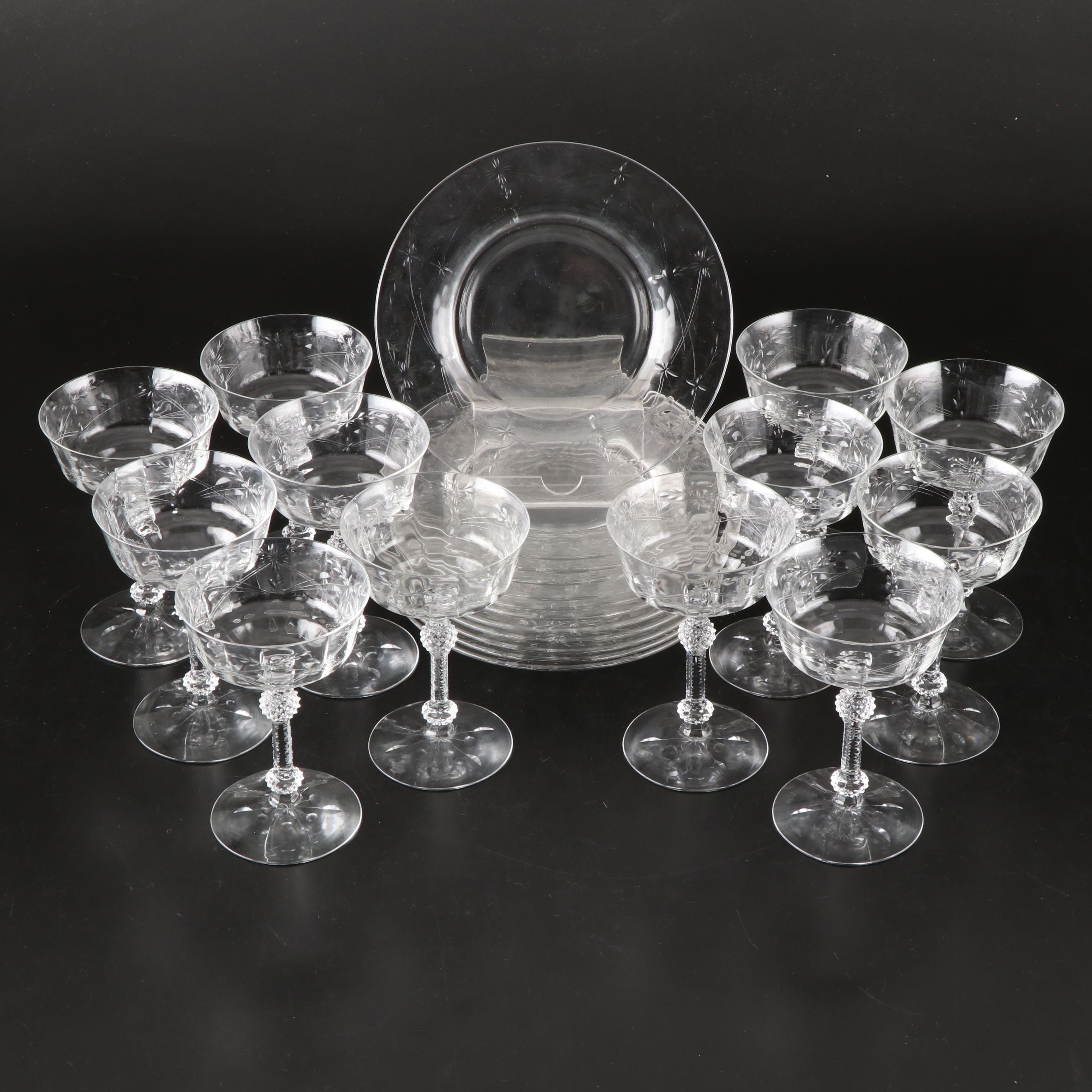 Fostoria "York" Glass Salad Plates and Champagne Coupes