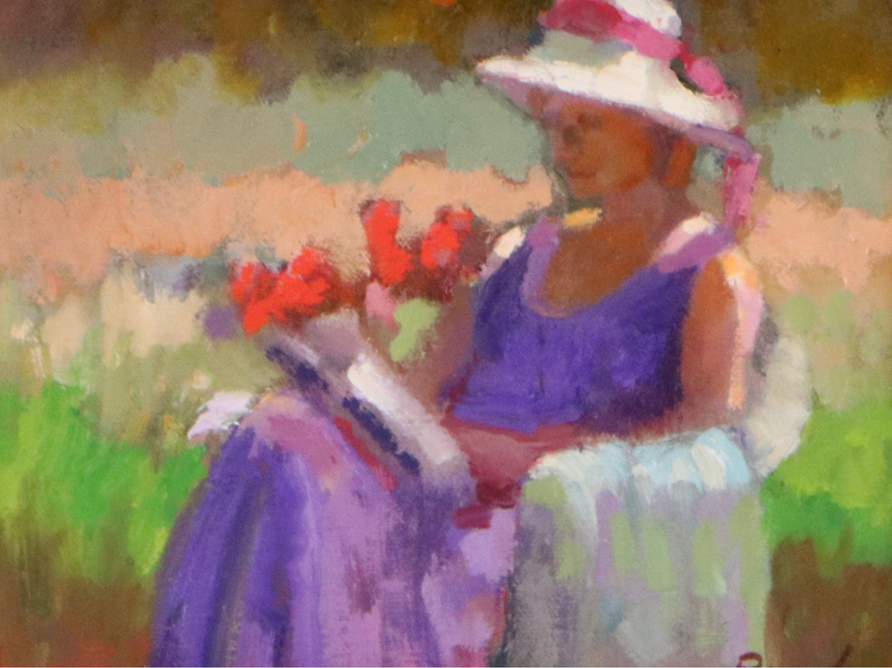Sally Rosenbaum Impressionistic Oil Painting of Woman Reading in Garden, 21st C.