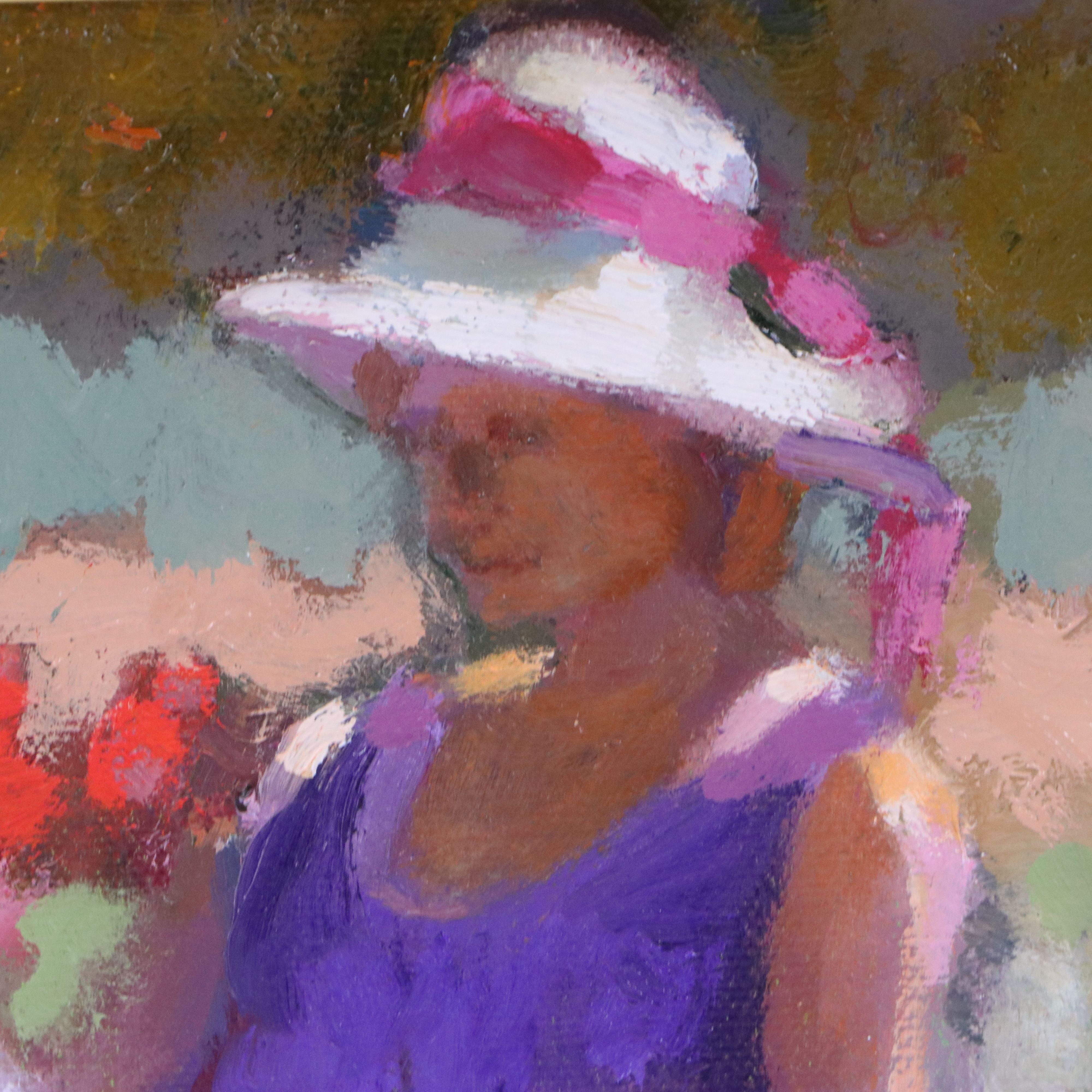 Sally Rosenbaum Impressionistic Oil Painting of Woman Reading in Garden, 21st C.