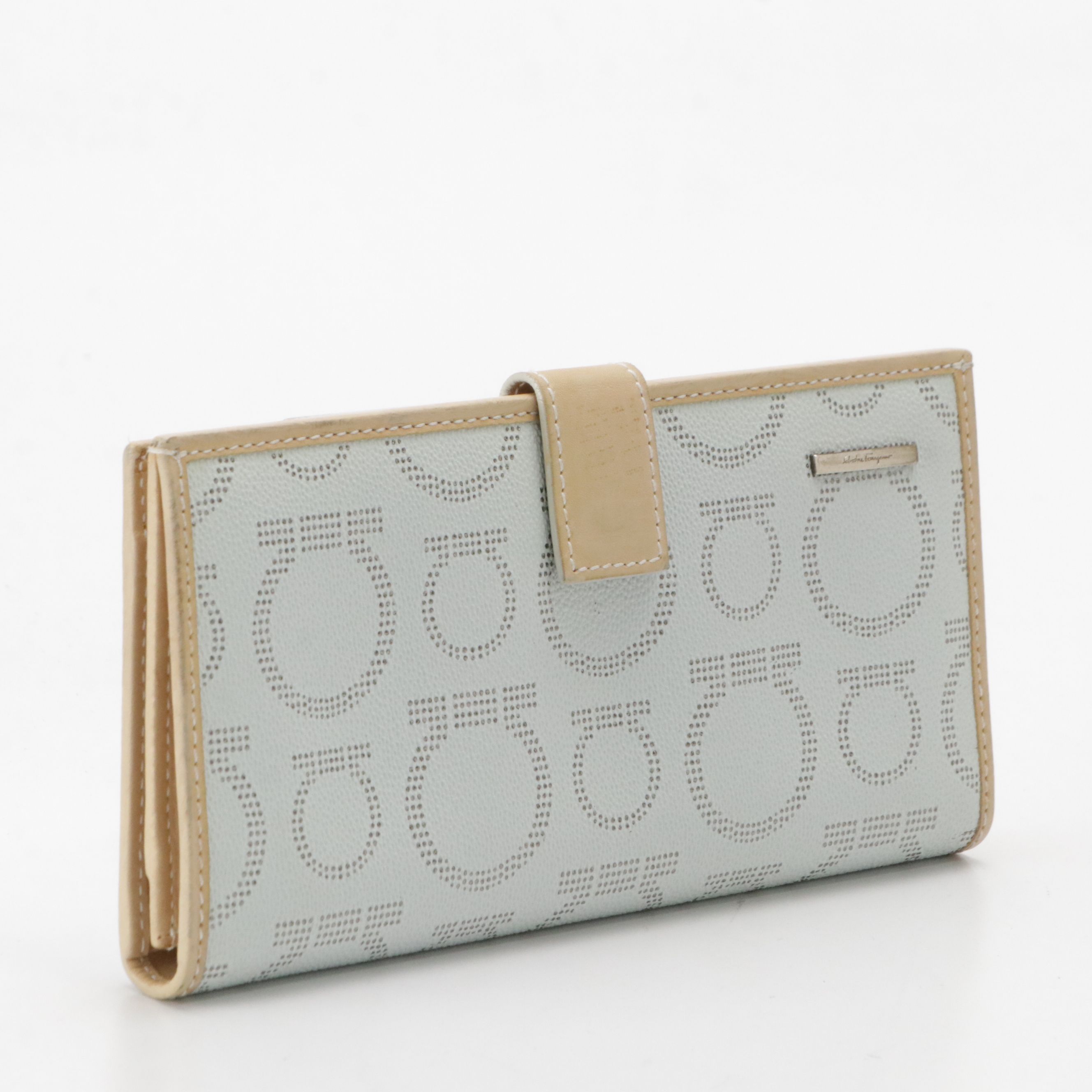 Salvatore Ferragamo Light Blue and Silver Gancini Pattern Long Bifold Wallet