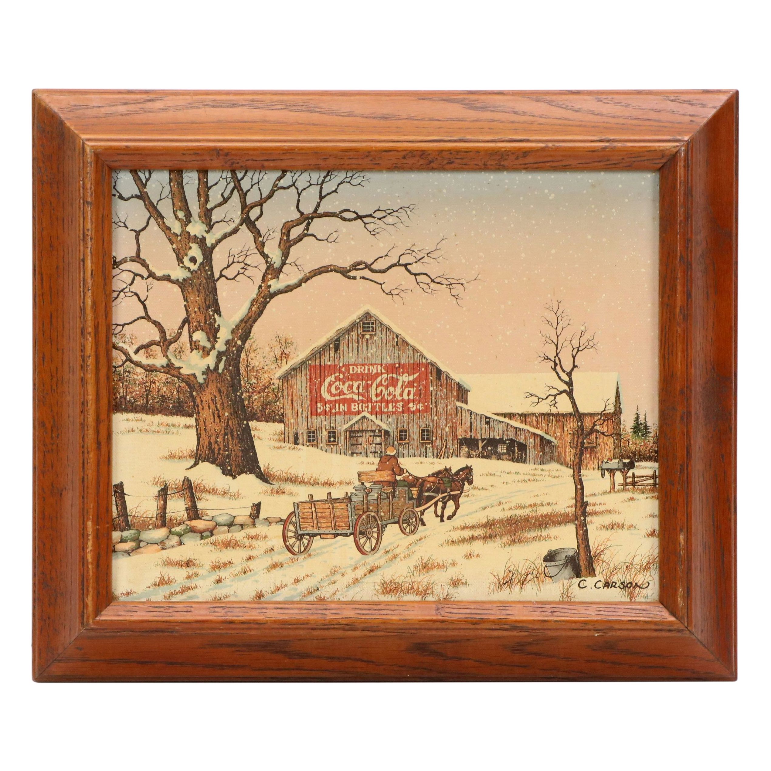 C. Carson Serigraph on Canvas of Coca Cola Barn in Snow, Circa 1980s