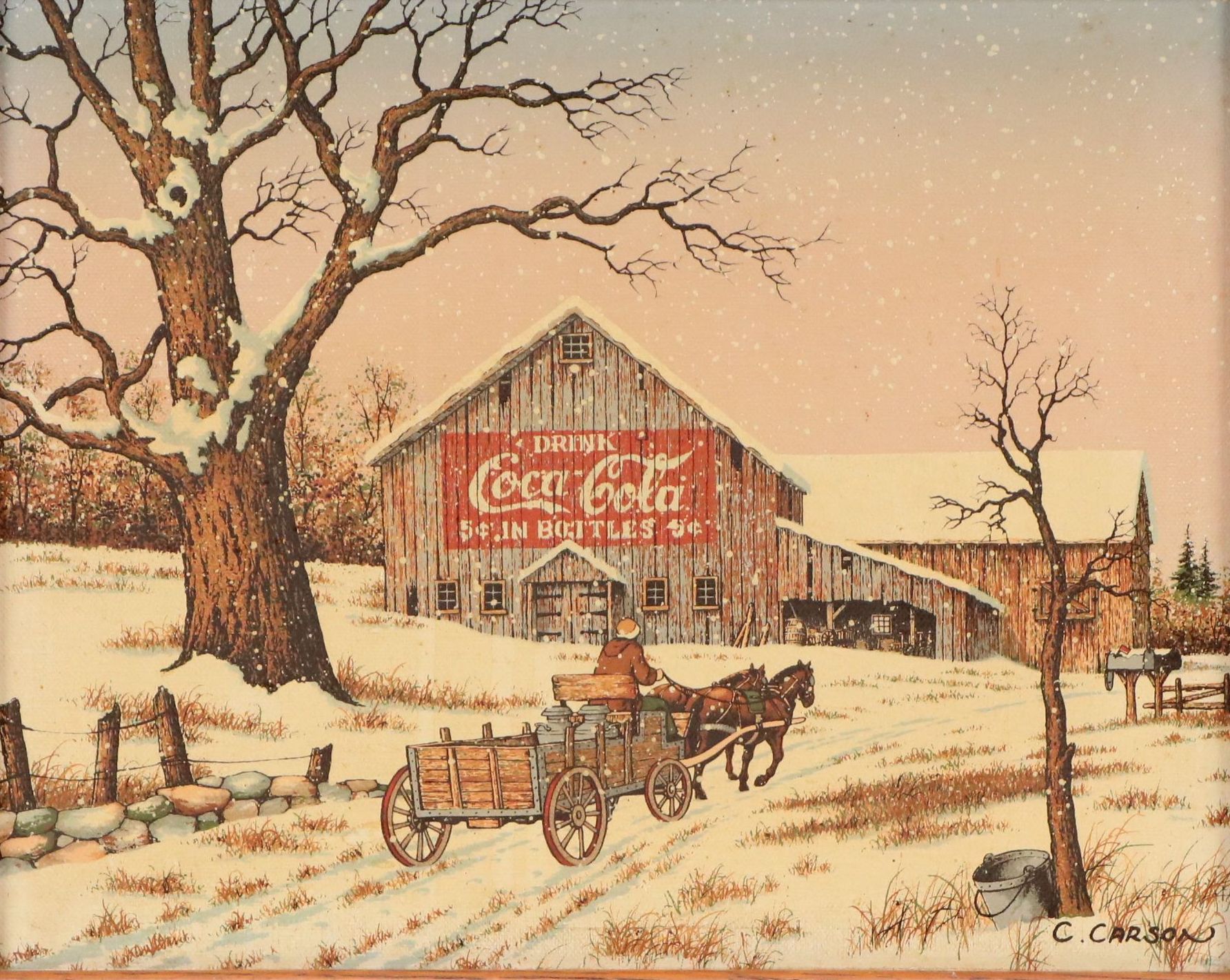 C. Carson Serigraph on Canvas of Coca Cola Barn in Snow, Circa 1980s
