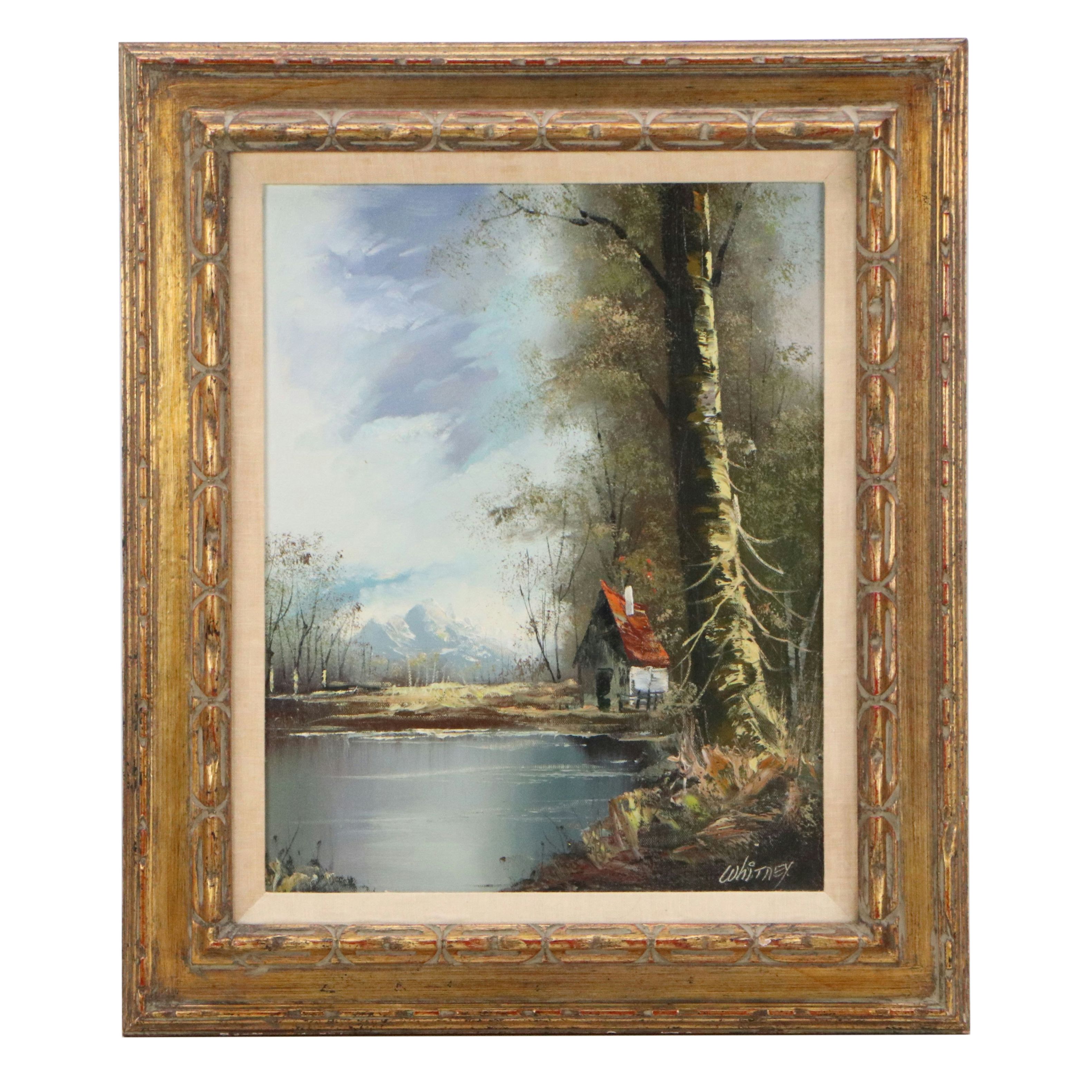 Whitney Oil Painting of Mountain Cottage by Pond, Mid to Late 20th Century