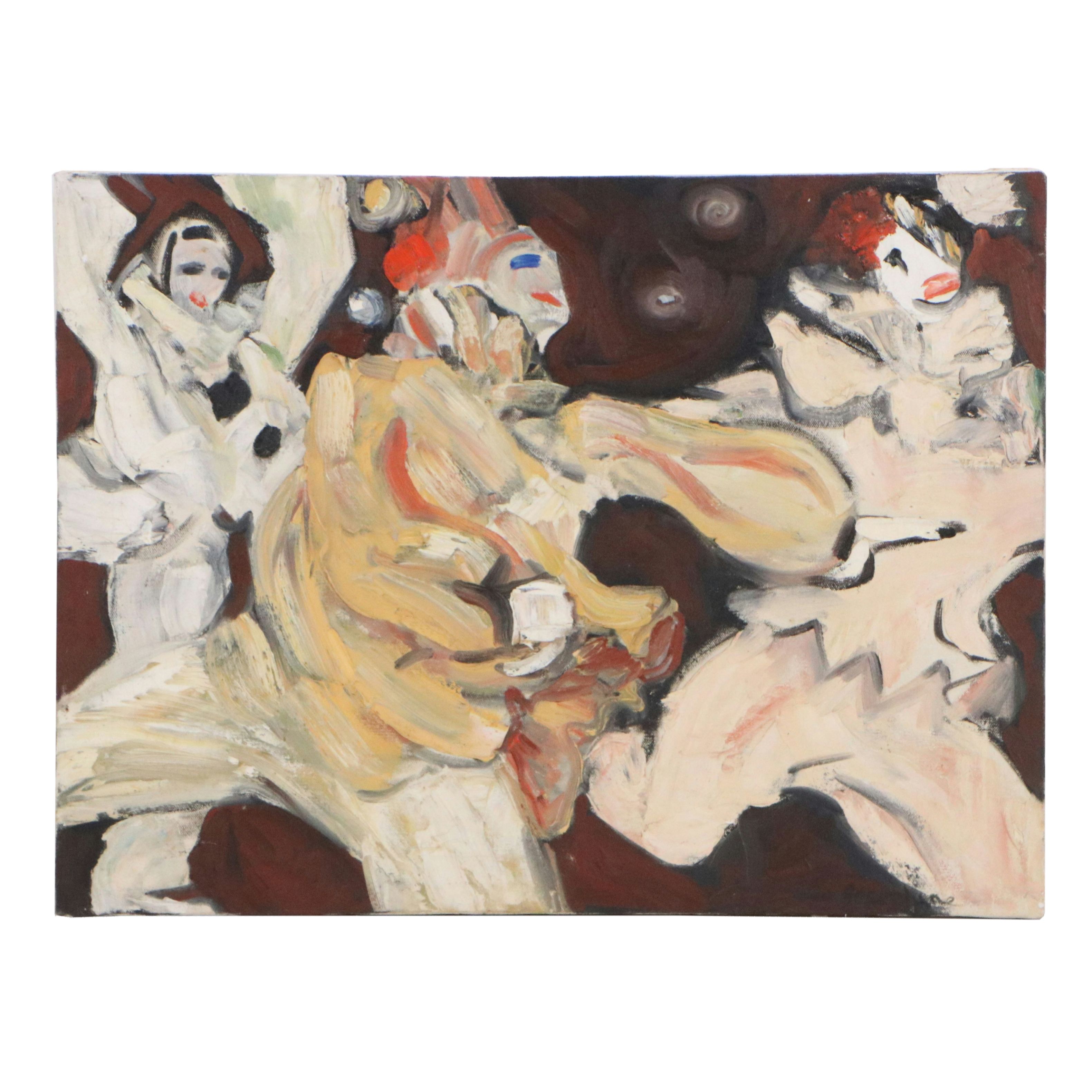 Signed Abstracted Oil Painting of Circus Performers, 1980
