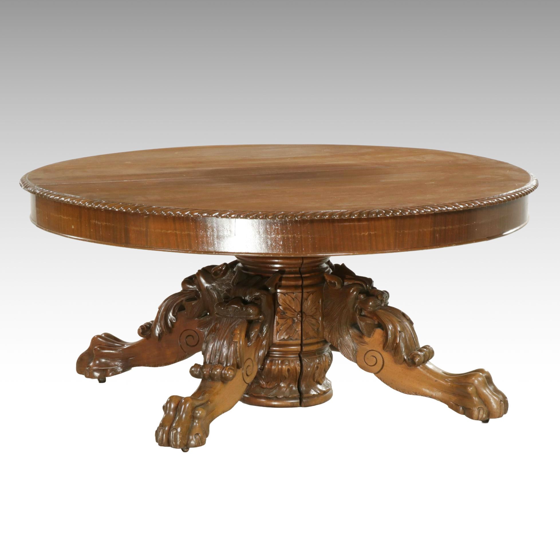 Victorian Carved Mahogany Banquet Table with Lion's Head Legs and Paw Feet